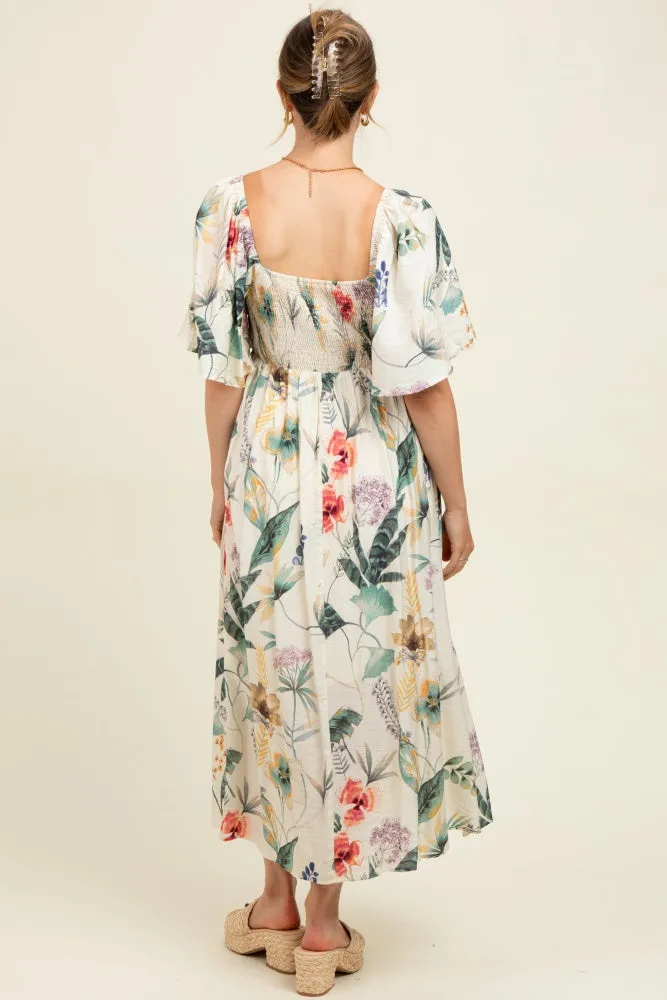 Cream Tropical Print Front Tie Flutter Sleeve Maternity Midi Dress sold by Pinkblush product image thumbnail 3