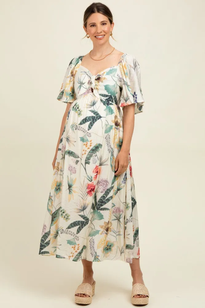 Cream Tropical Print Front Tie Flutter Sleeve Maternity Midi Dress sold by Pinkblush