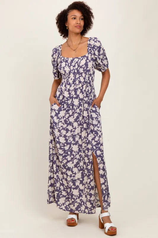 Periwinkle Smocked Waist Front Slit Maxi Dress sold by Pinkblush