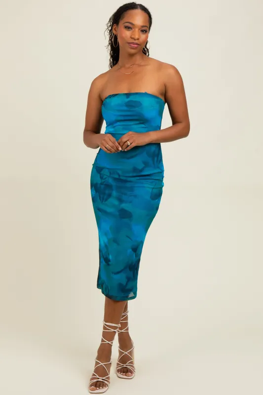 Turquoise Mesh Abstract Print Strapless Midi Dress sold by Pinkblush