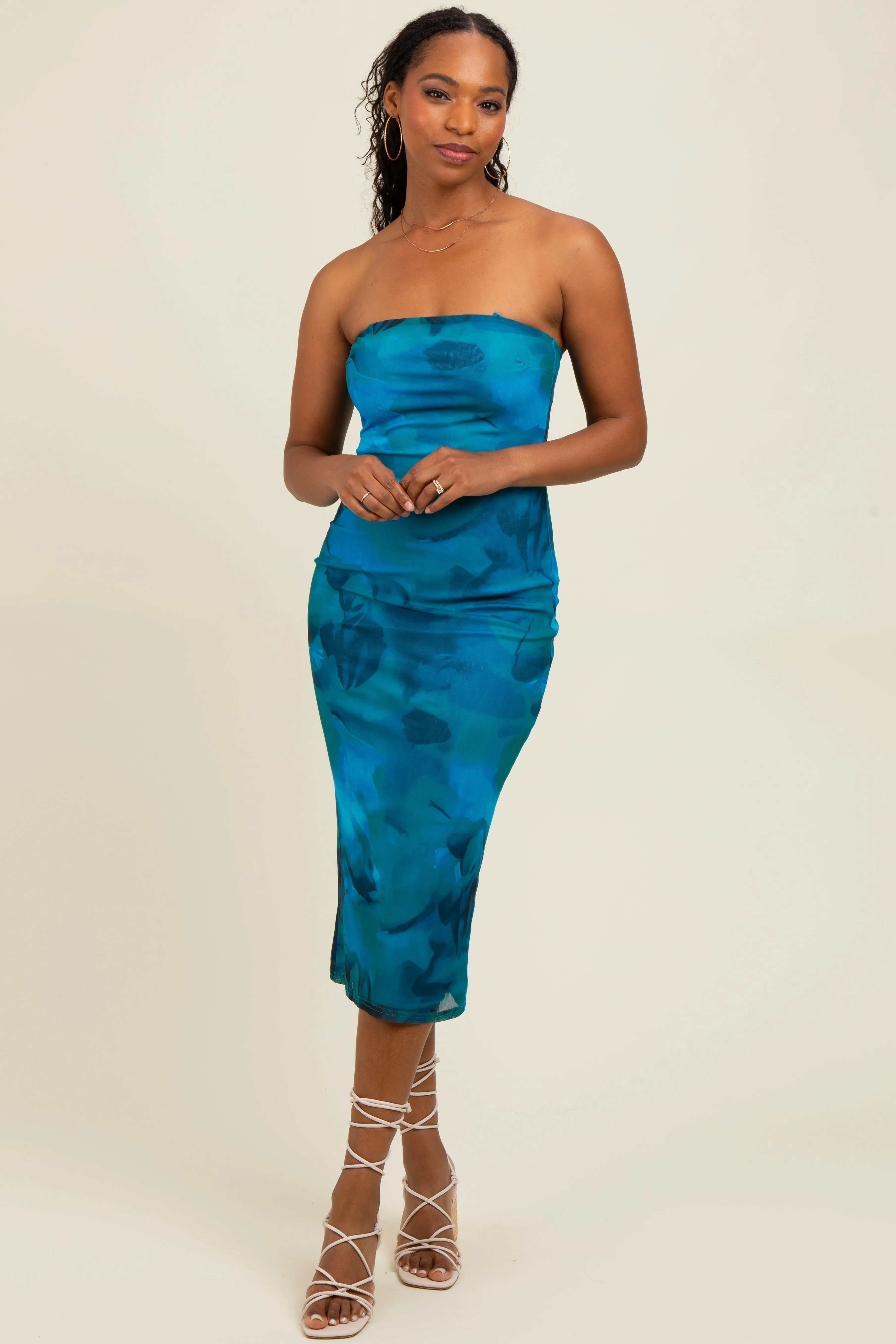 Turquoise Mesh Abstract Print Strapless Midi Dress sold by Pinkblush