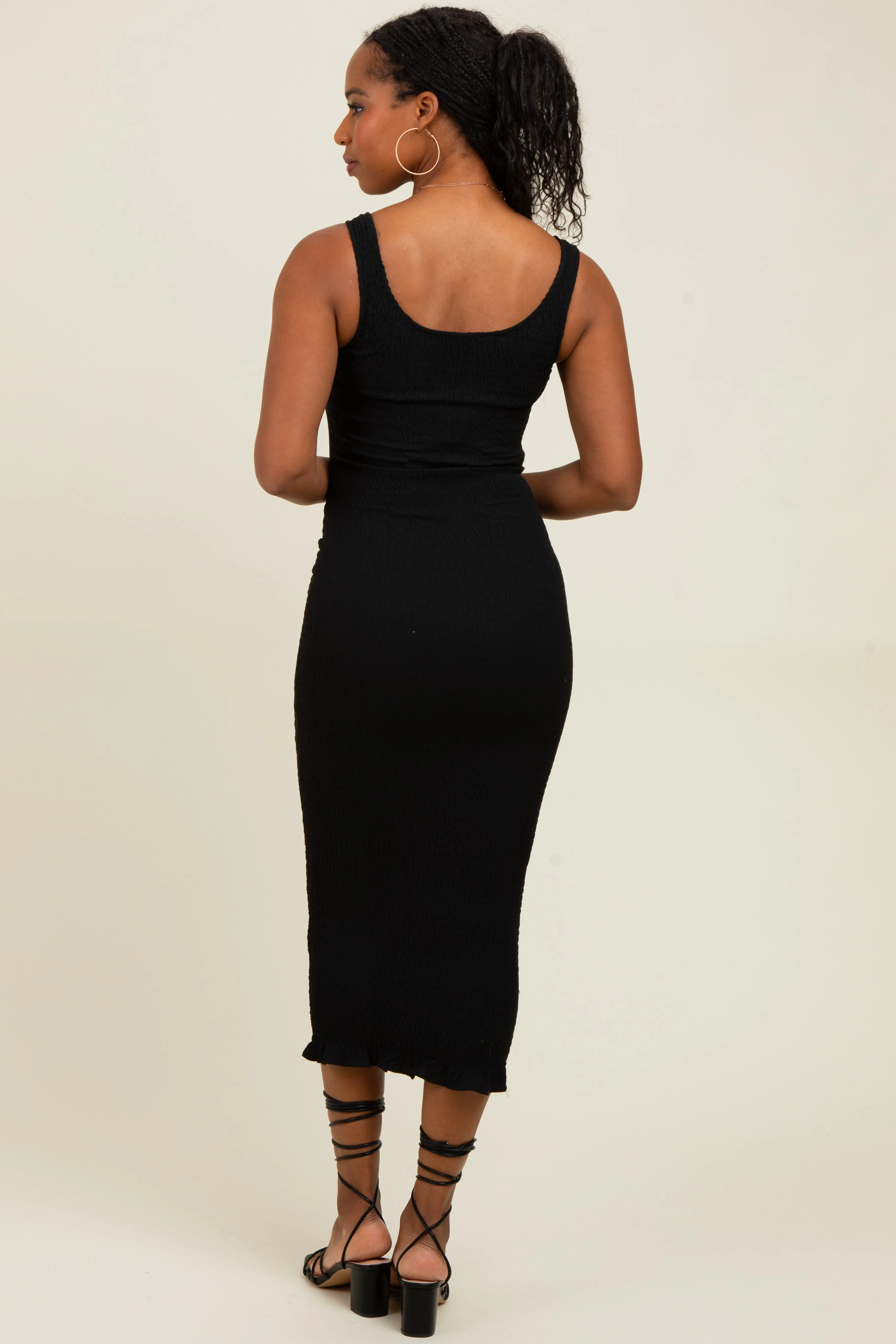 Black Smocked Sleeveless Ruffle Hem Fitted Dress sold by Pinkblush product image thumbnail 3