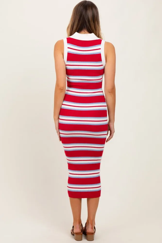 Red Striped Knit Sleeveless Polo Midi Dress sold by Pinkblush product image thumbnail 4