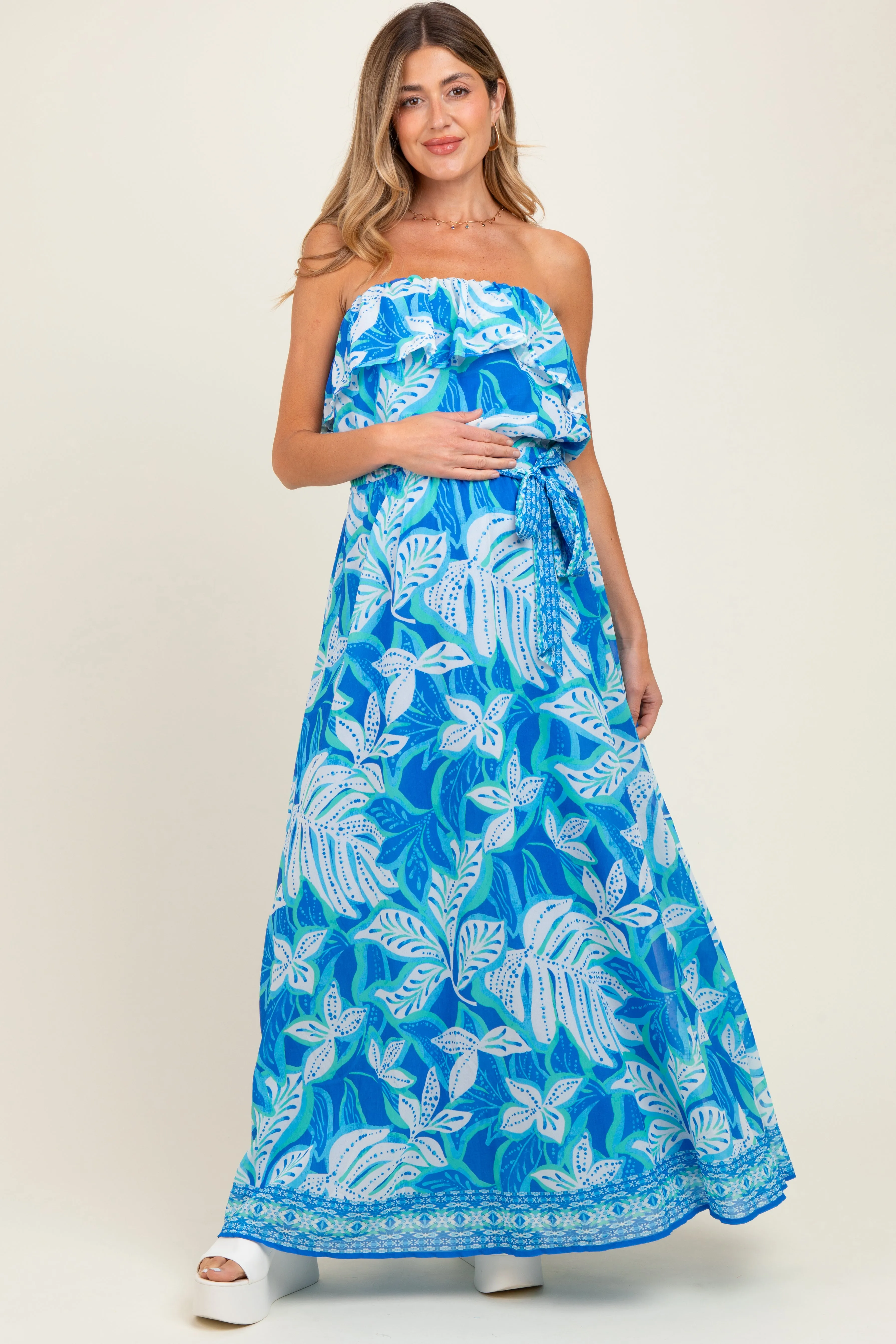 Blue Floral Chiffon Flounce Strapless Maternity Maxi Dress sold by Pinkblush product image thumbnail 2