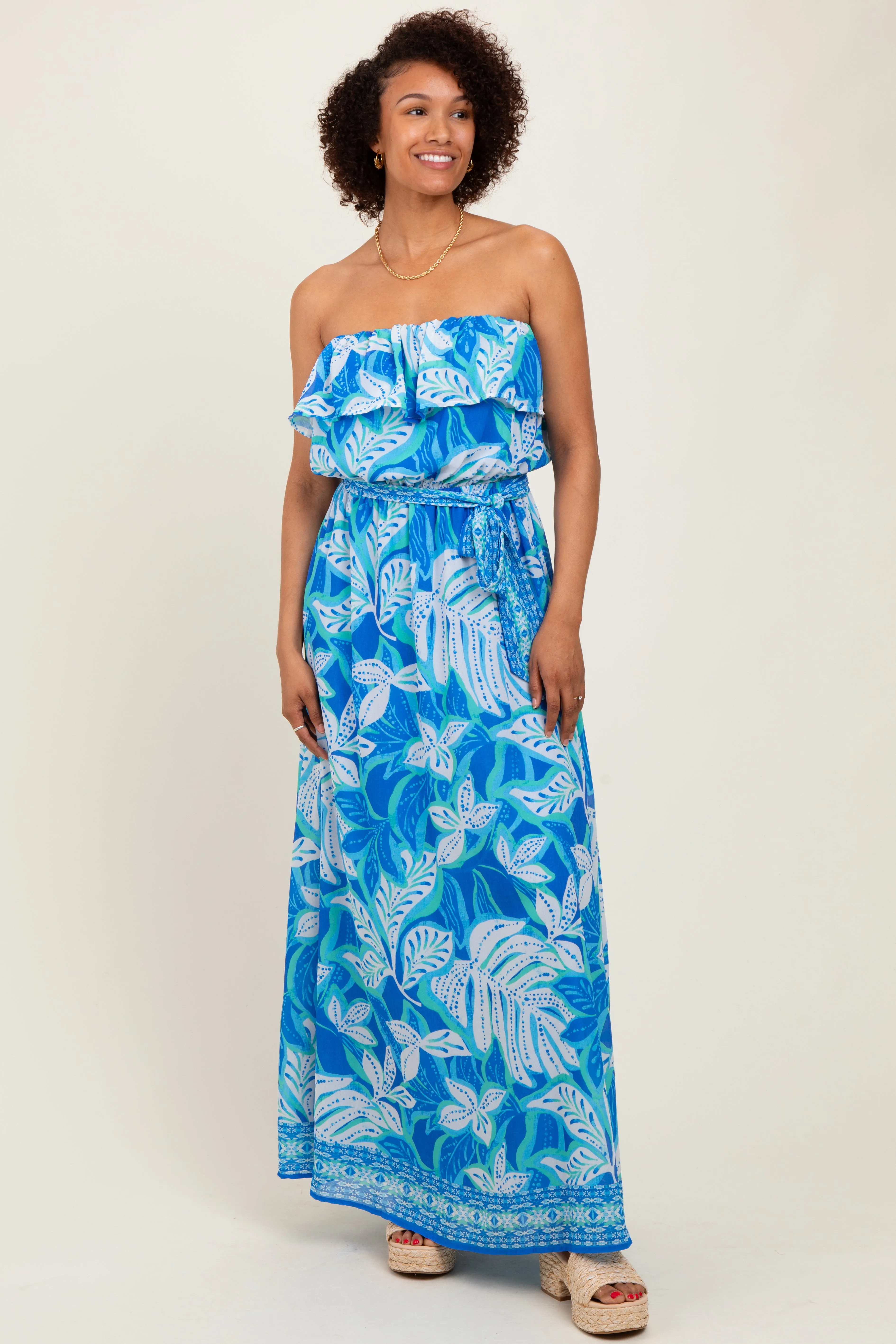 Blue Floral Chiffon Flounce Strapless Maternity Maxi Dress sold by Pinkblush product image thumbnail 5