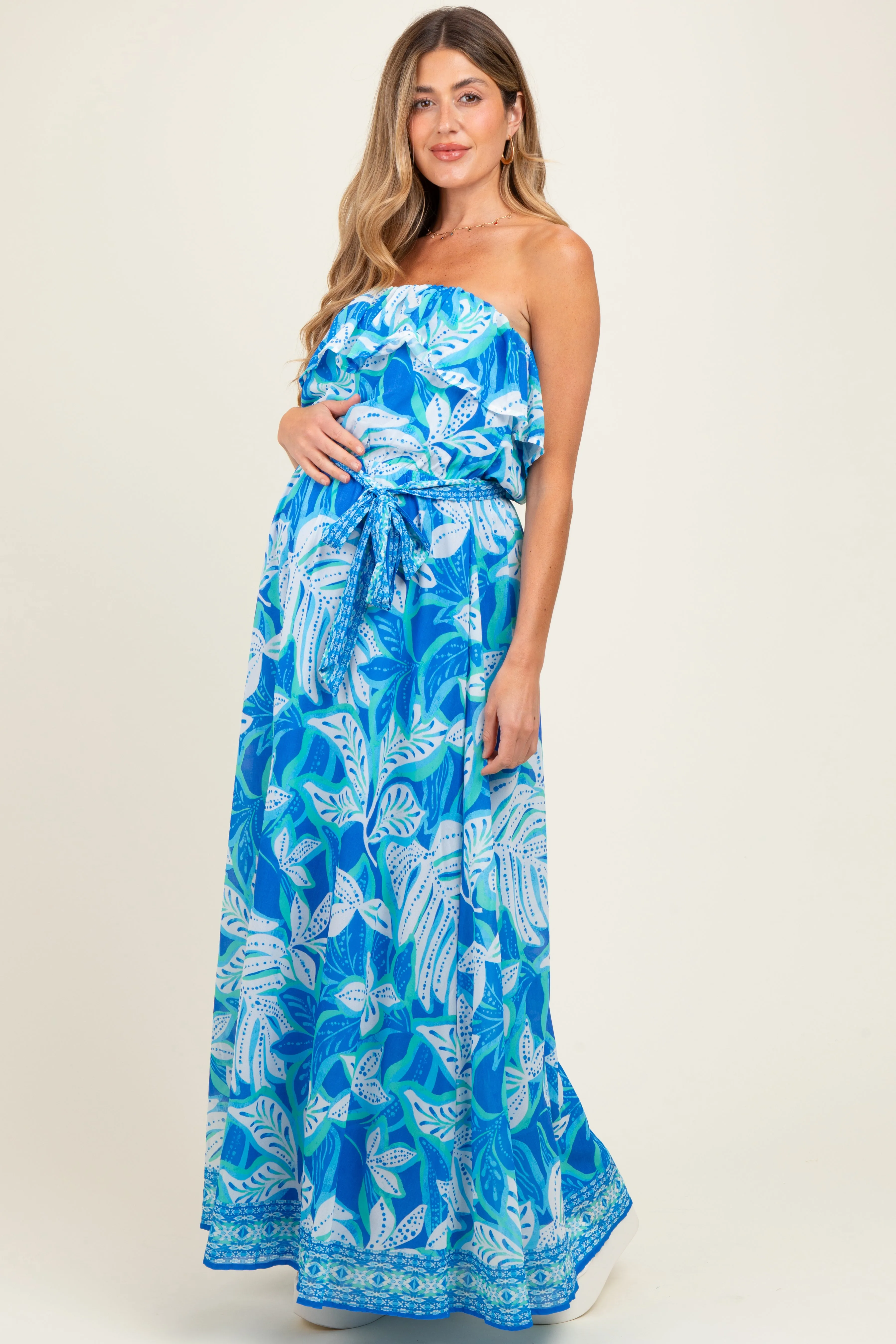 Blue Floral Chiffon Flounce Strapless Maternity Maxi Dress sold by Pinkblush product image thumbnail 3
