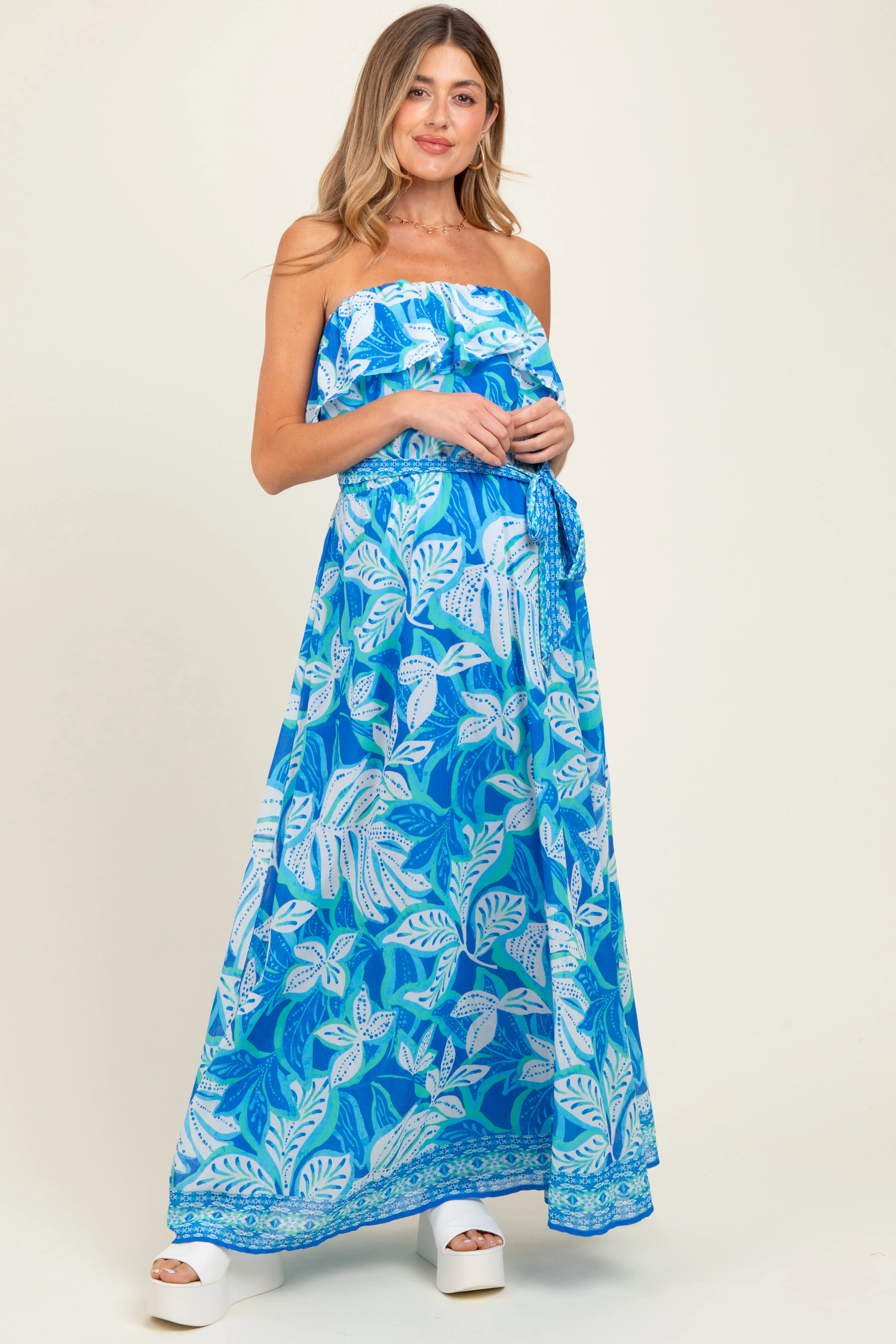 Blue Floral Chiffon Flounce Strapless Maternity Maxi Dress sold by Pinkblush