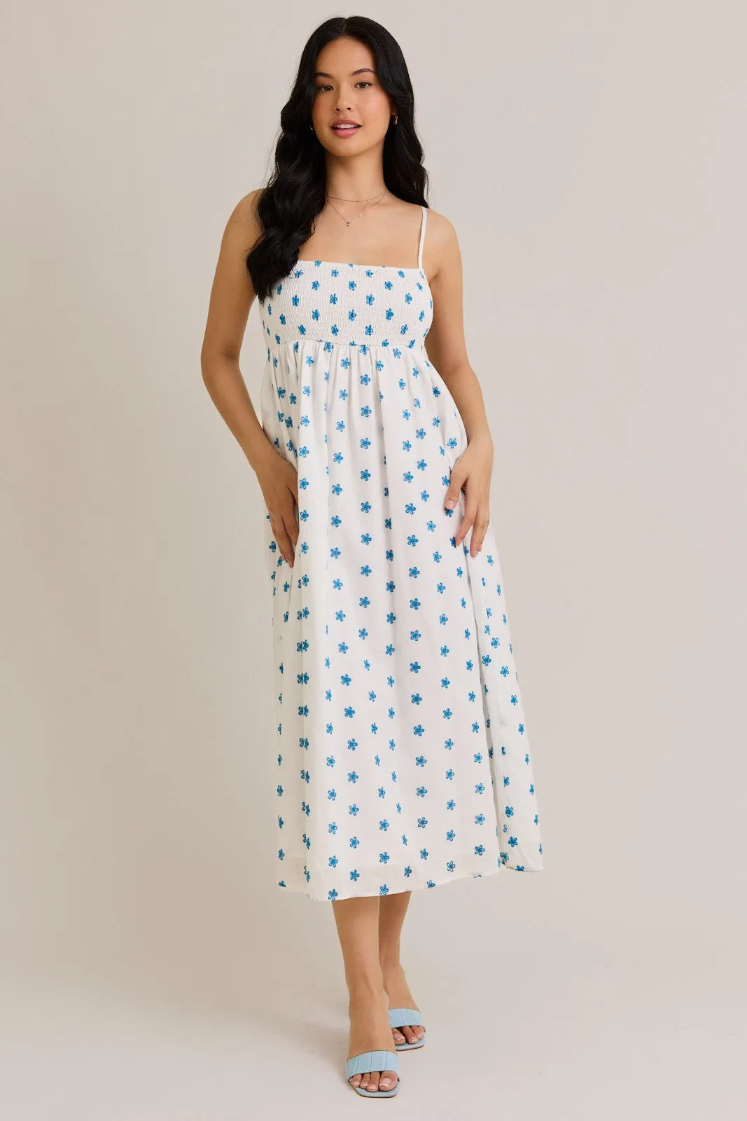 White Floral Smocked Sleeveless Maternity Midi Dress sold by Pinkblush product image thumbnail 4