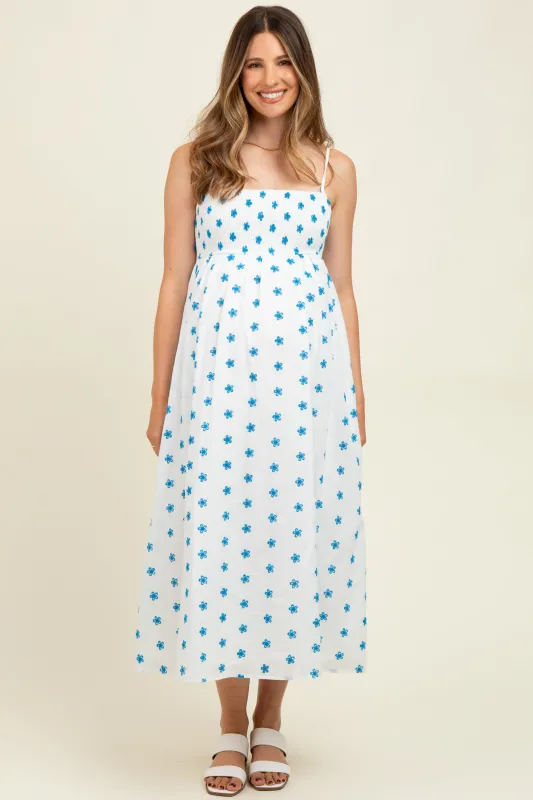 White Floral Smocked Sleeveless Maternity Midi Dress sold by Pinkblush