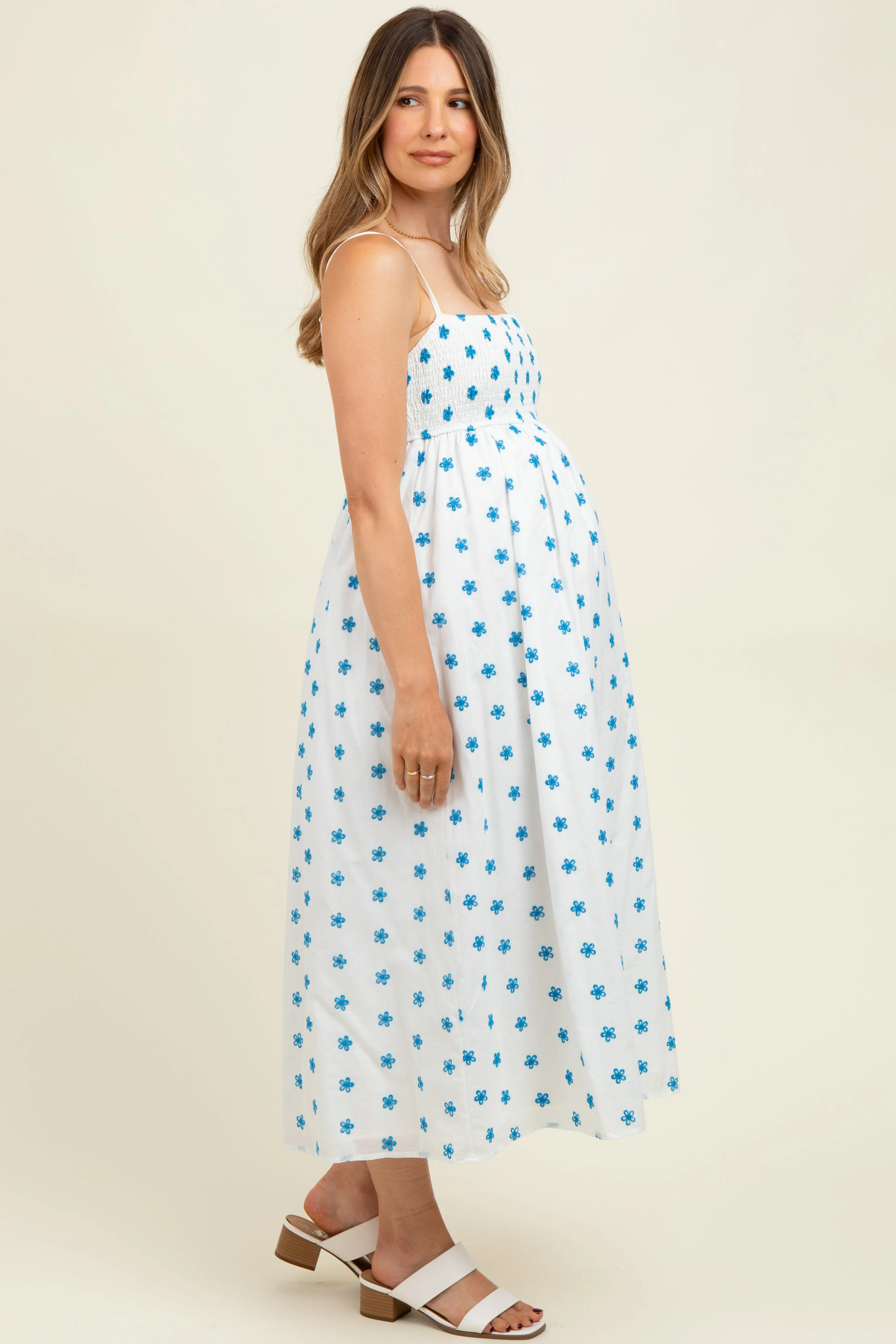 White Floral Smocked Sleeveless Maternity Midi Dress sold by Pinkblush product image thumbnail 2
