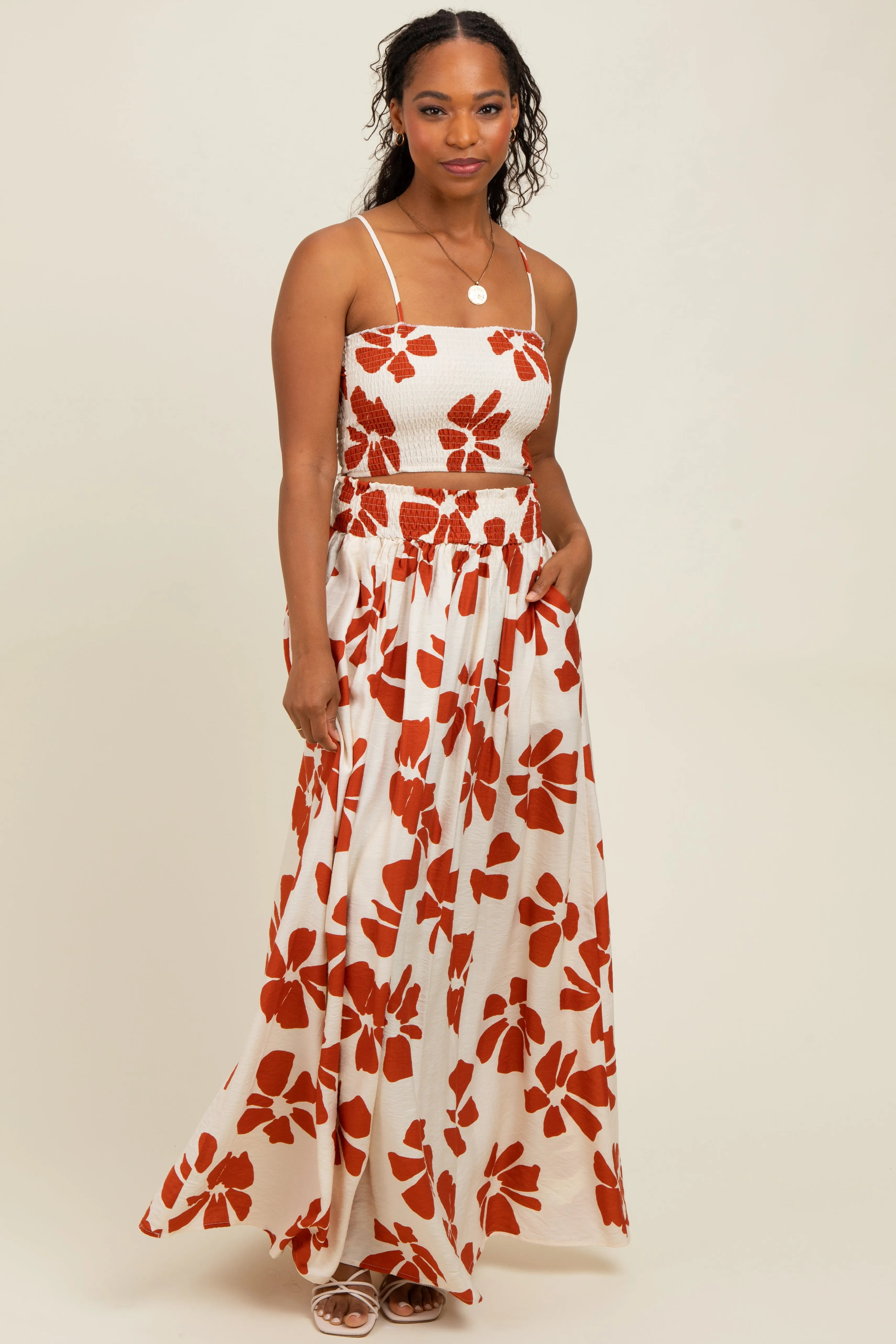 Rust Floral Smocked Top With Maxi Skirt Set sold by Pinkblush product image thumbnail 2