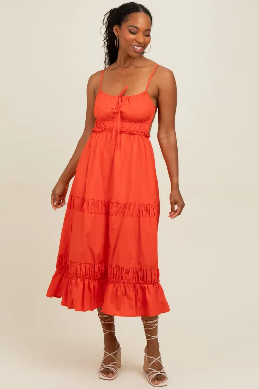 Coral Ruffle Accent Backless Tie Detail Midi Dress sold by Pinkblush