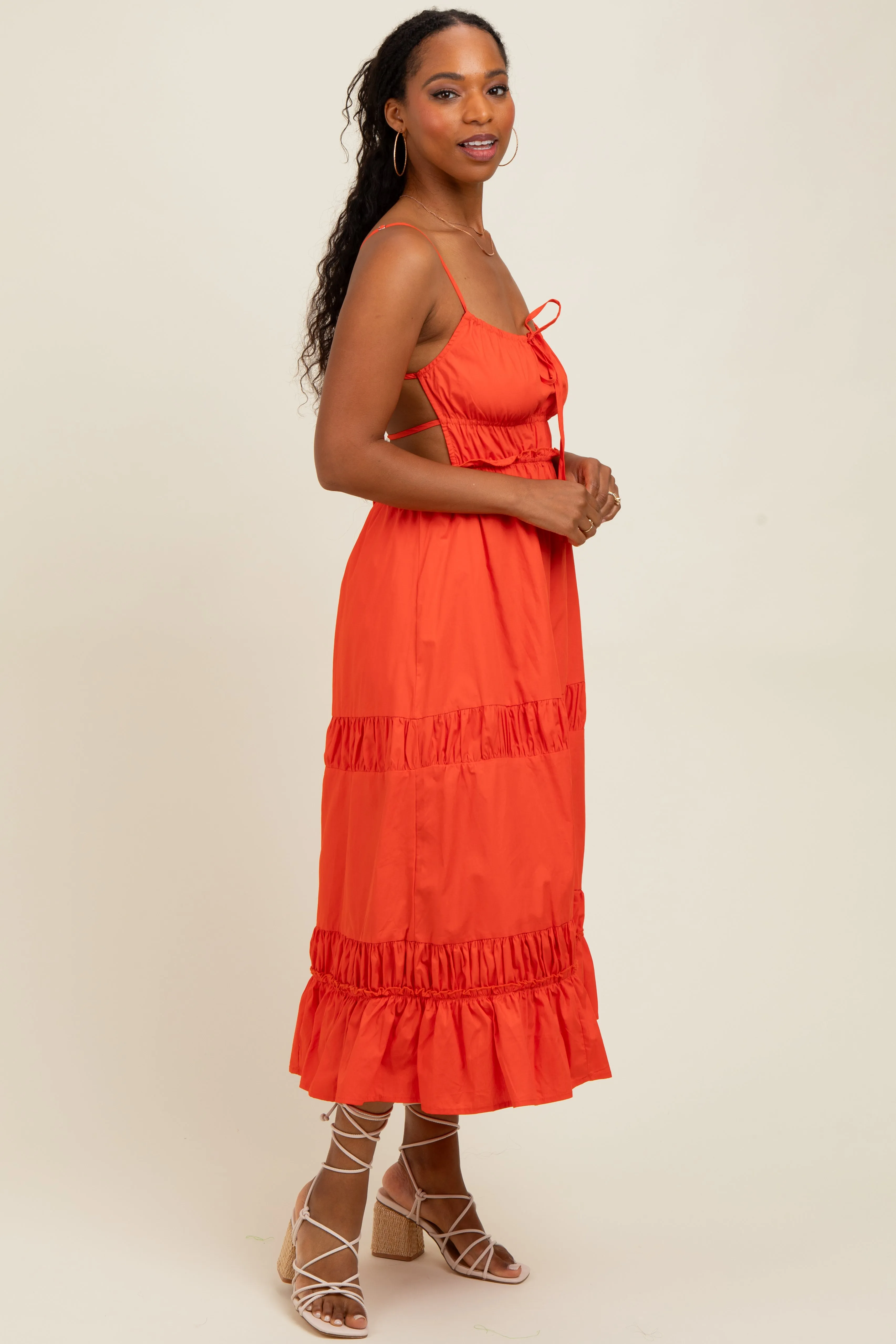 Coral Ruffle Accent Backless Tie Detail Midi Dress sold by Pinkblush product image thumbnail 2