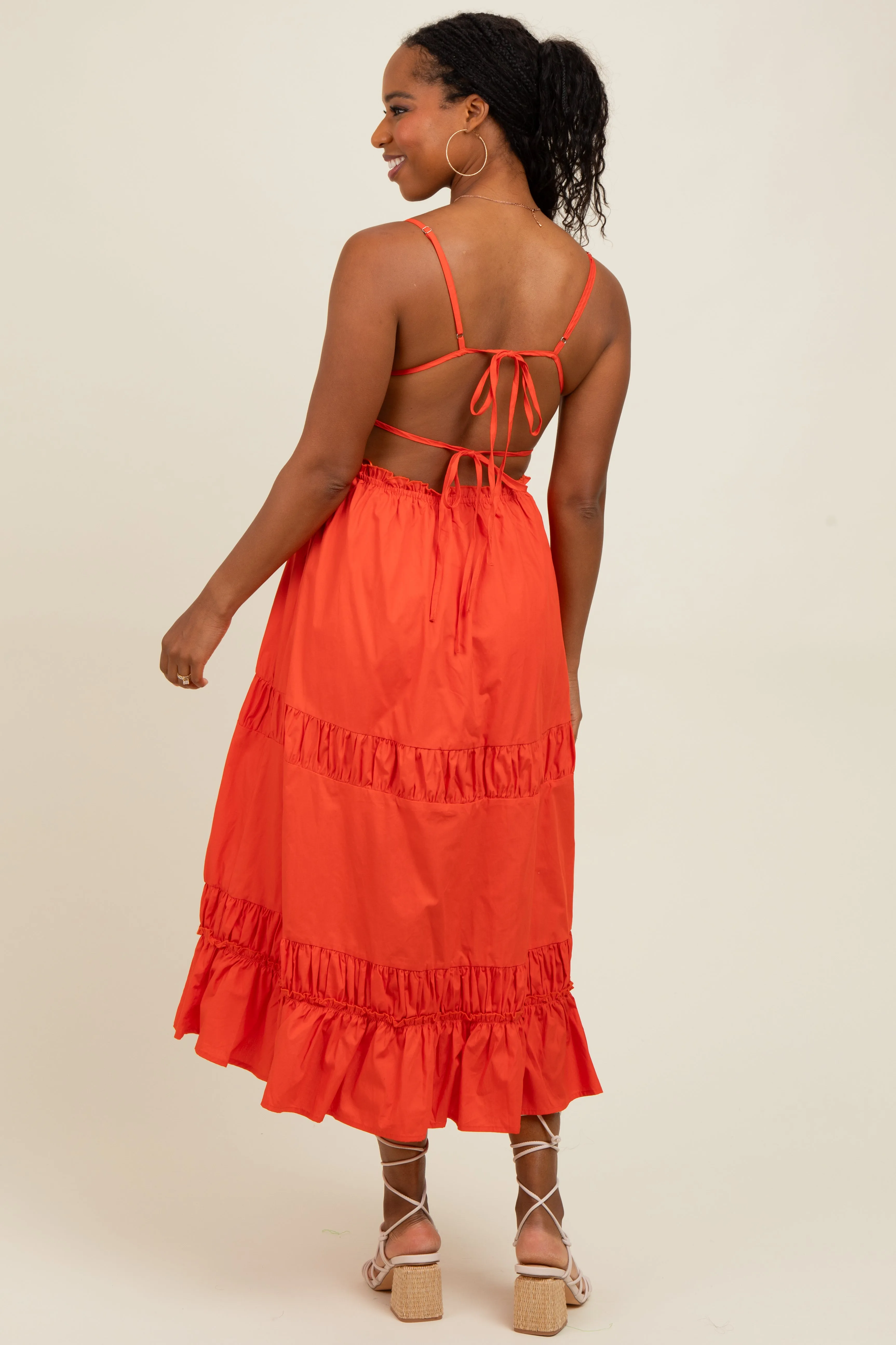 Coral Ruffle Accent Backless Tie Detail Midi Dress sold by Pinkblush product image thumbnail 3