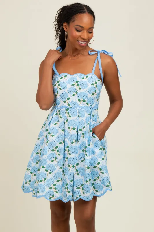 White Floral Shoulder Tie Scallop Hem Dress made by entro