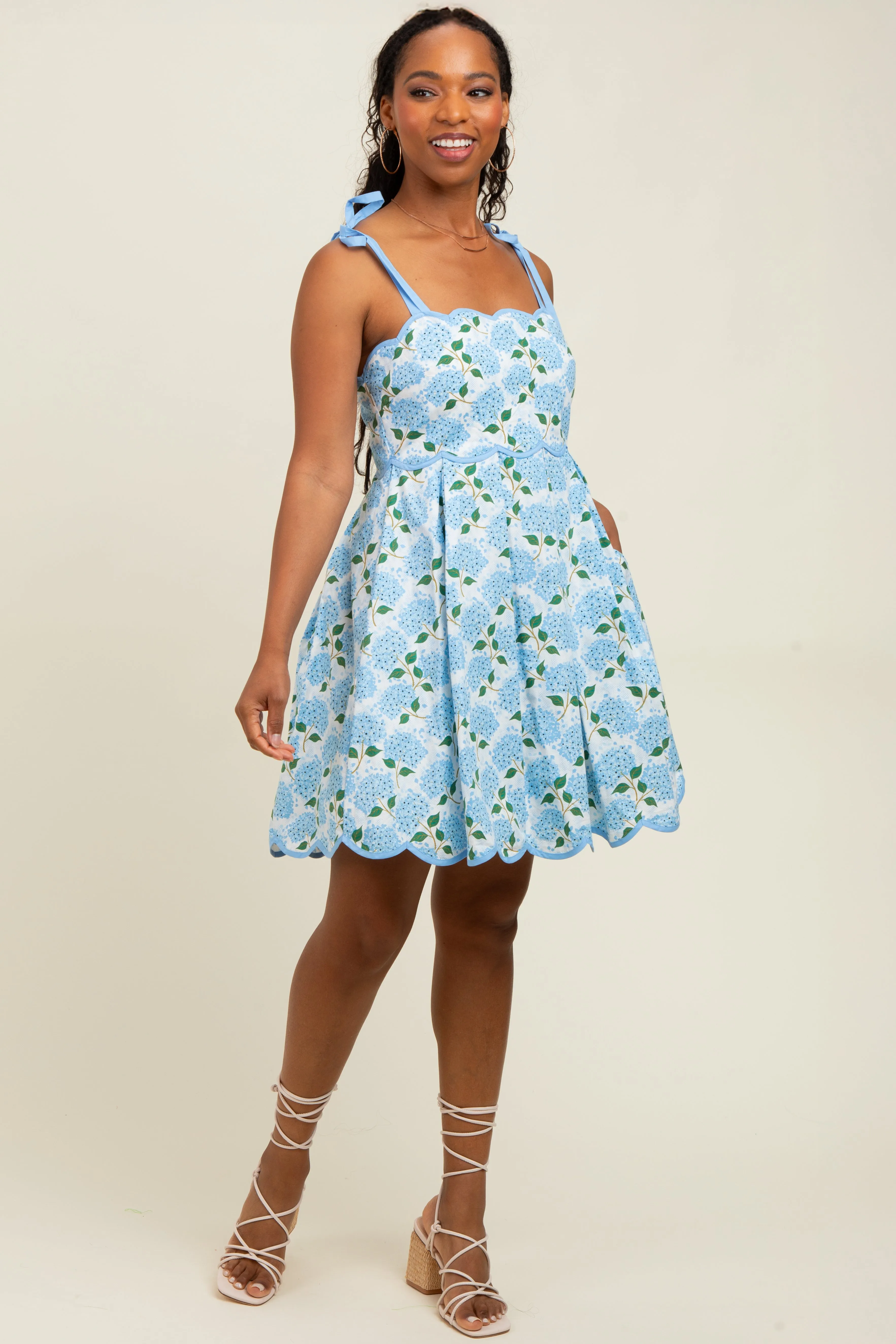 White Floral Shoulder Tie Scallop Hem Dress sold by Pinkblush product image thumbnail 2