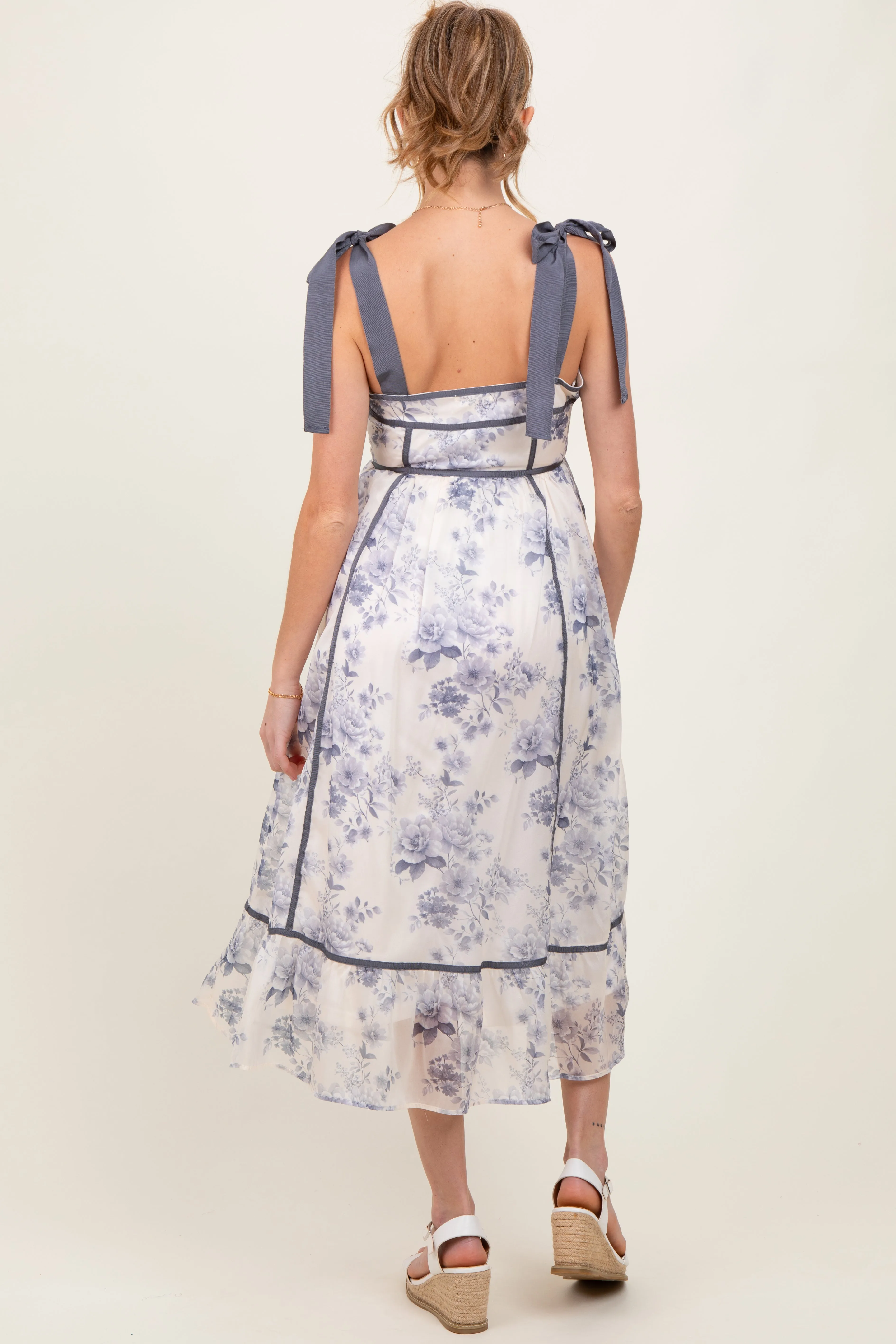 Grey Blue Floral Shoulder Tie Maternity Midi Dress sold by Pinkblush product image thumbnail 4