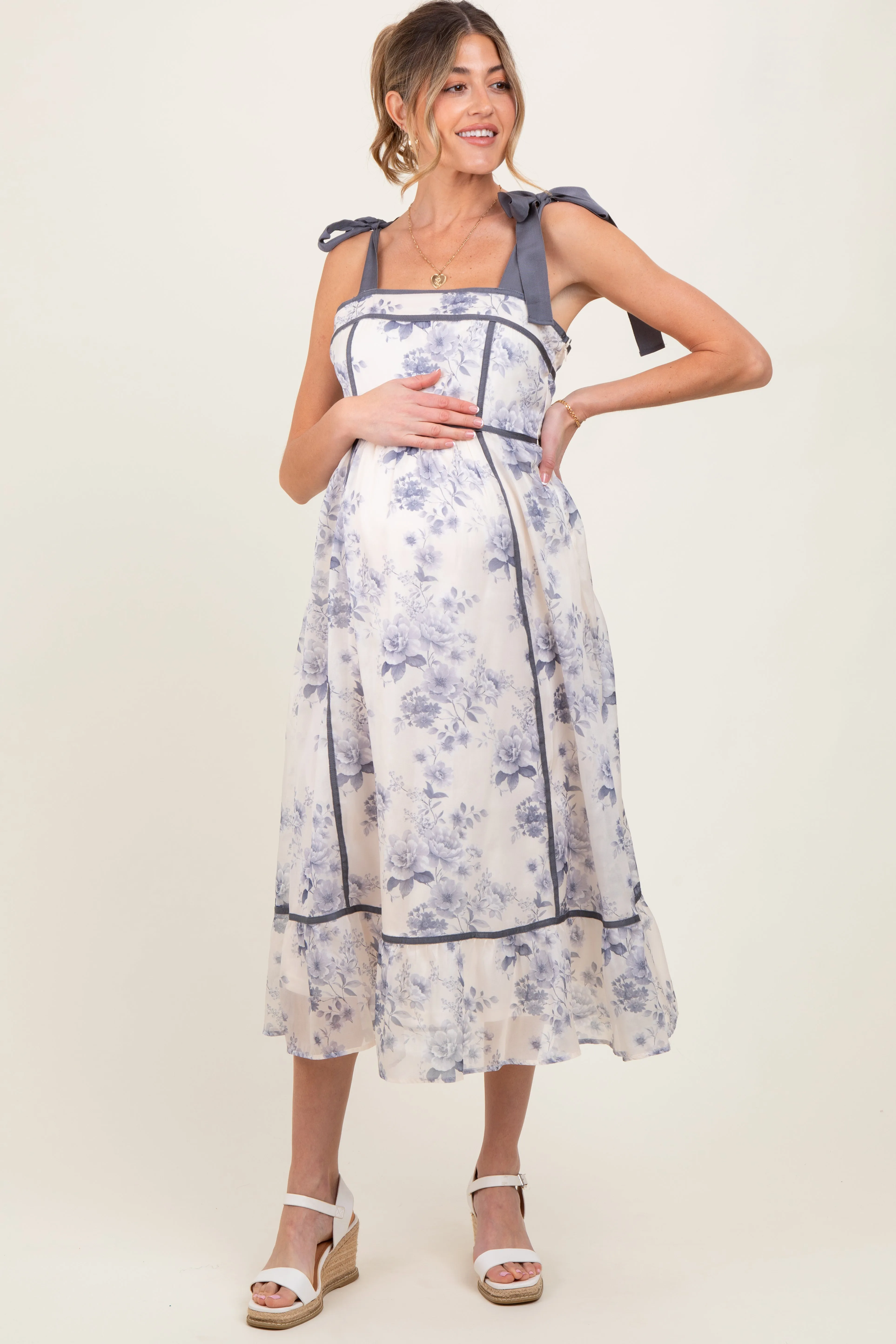 Grey Blue Floral Shoulder Tie Maternity Midi Dress sold by Pinkblush