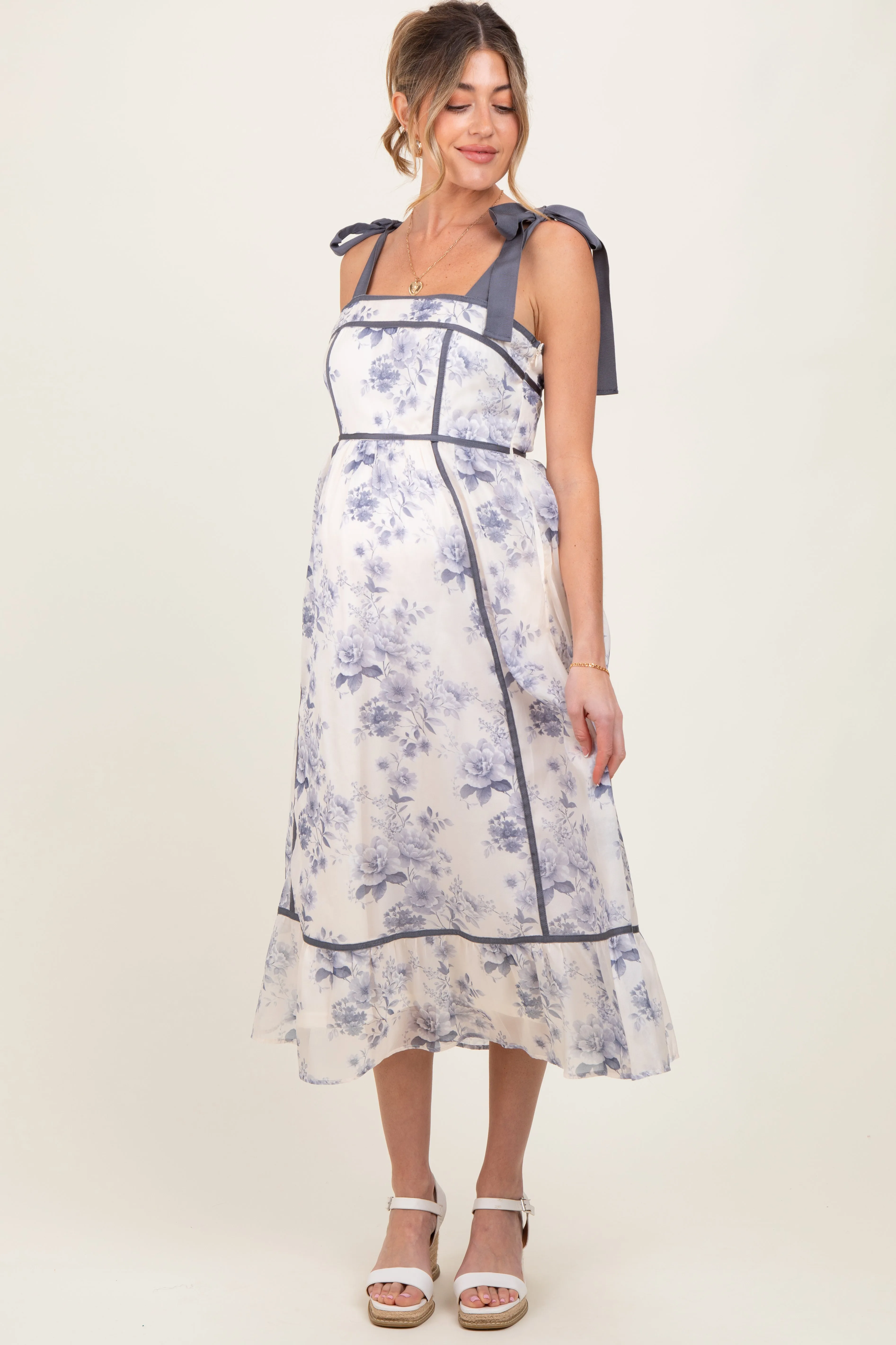Grey Blue Floral Shoulder Tie Maternity Midi Dress sold by Pinkblush product image thumbnail 2