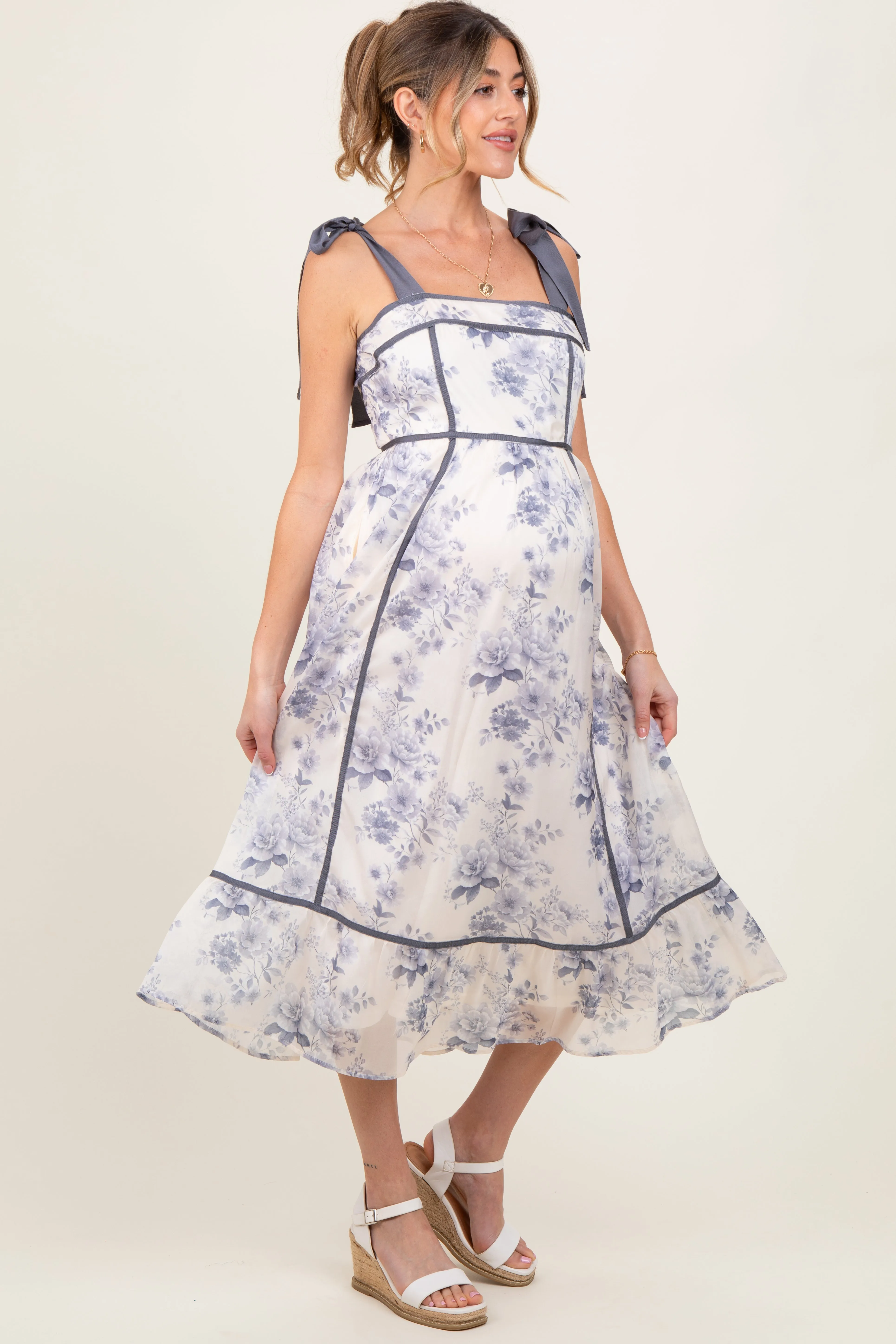 Grey Blue Floral Shoulder Tie Maternity Midi Dress sold by Pinkblush product image thumbnail 3