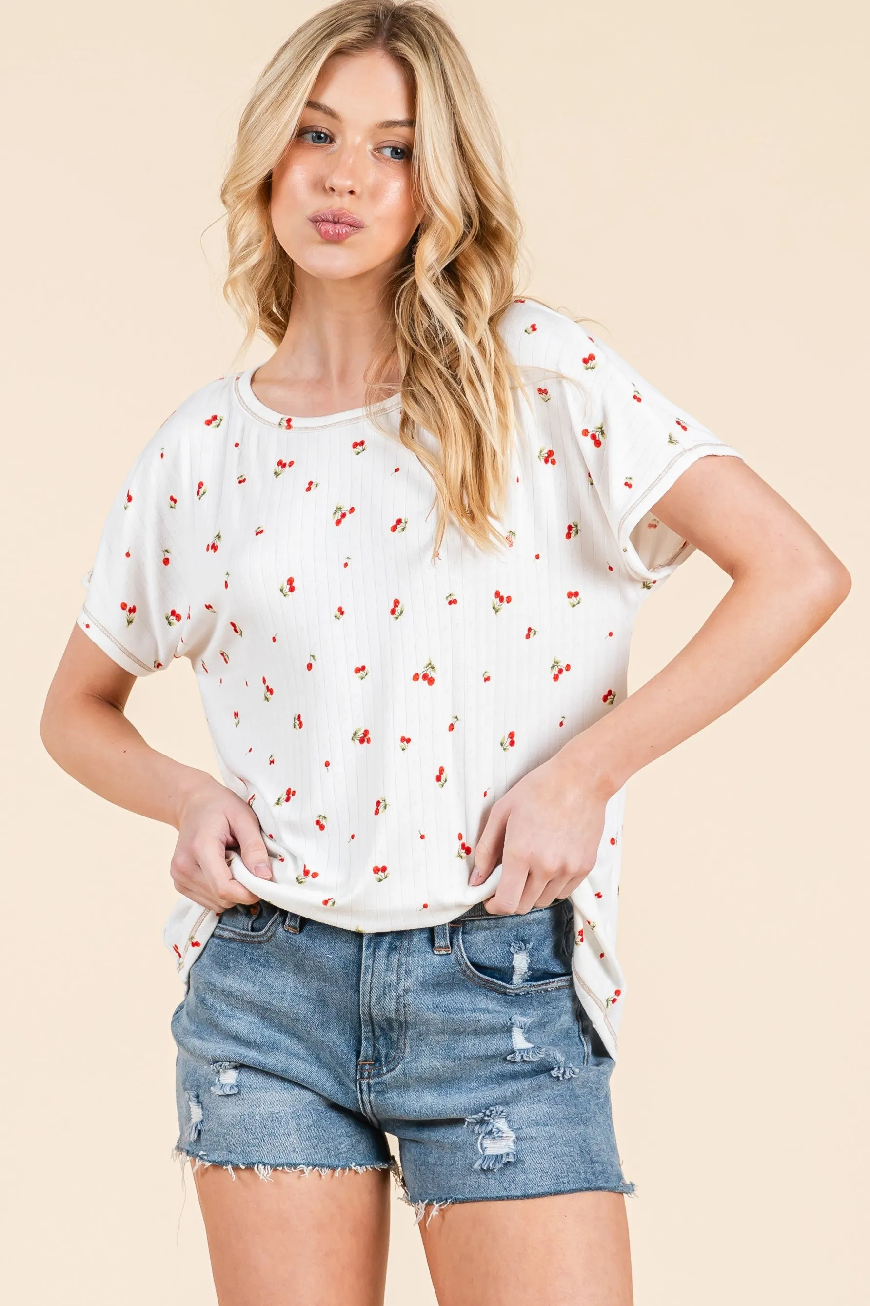 Ivory Cherry Print Ribbed Short Sleeve Tee sold by Pinkblush product image thumbnail 3