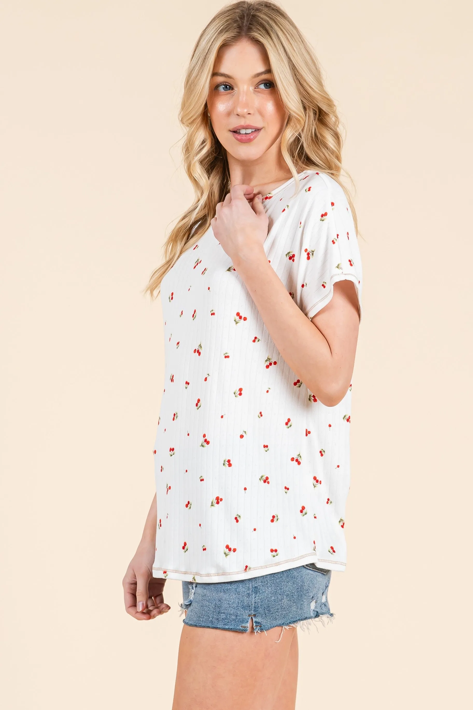 Ivory Cherry Print Ribbed Short Sleeve Tee sold by Pinkblush product image thumbnail 4
