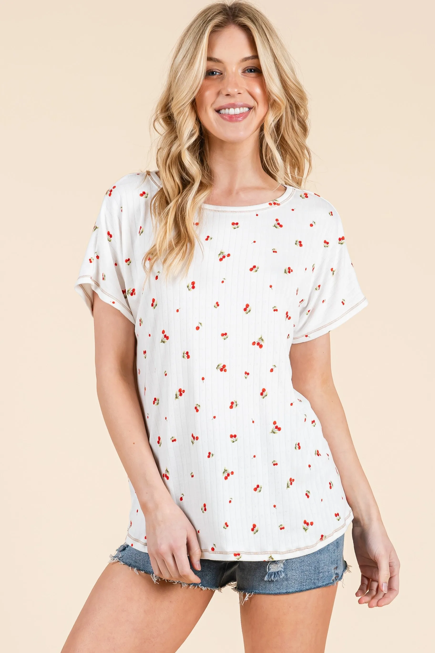 Ivory Cherry Print Ribbed Short Sleeve Tee sold by Pinkblush