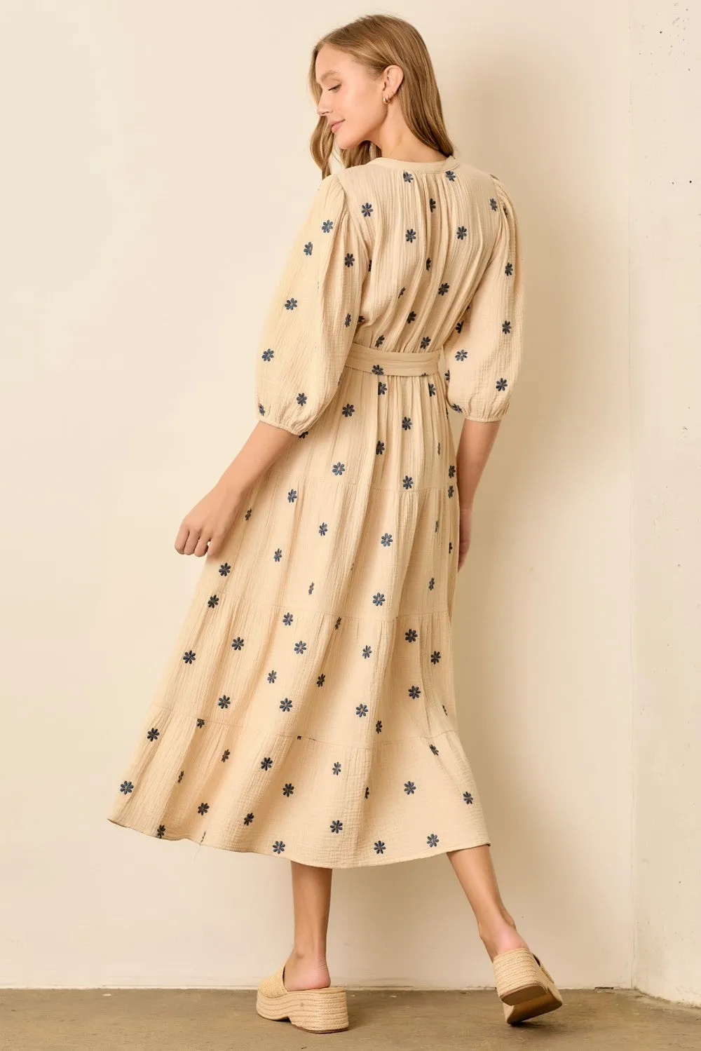 Cream Floral Cotton Gauze Tiered Midi Dress sold by Pinkblush product image thumbnail 3