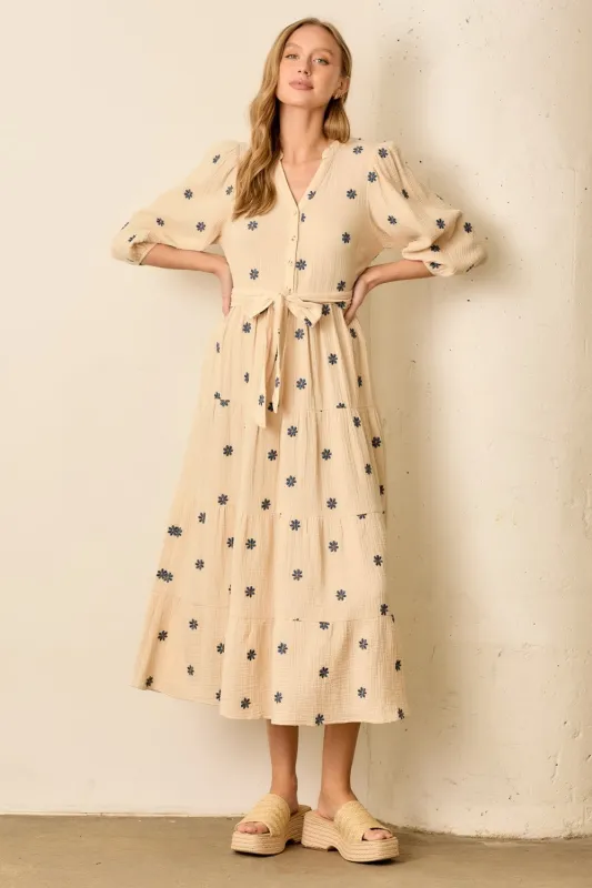 Cream Floral Cotton Gauze Tiered Midi Dress sold by Pinkblush