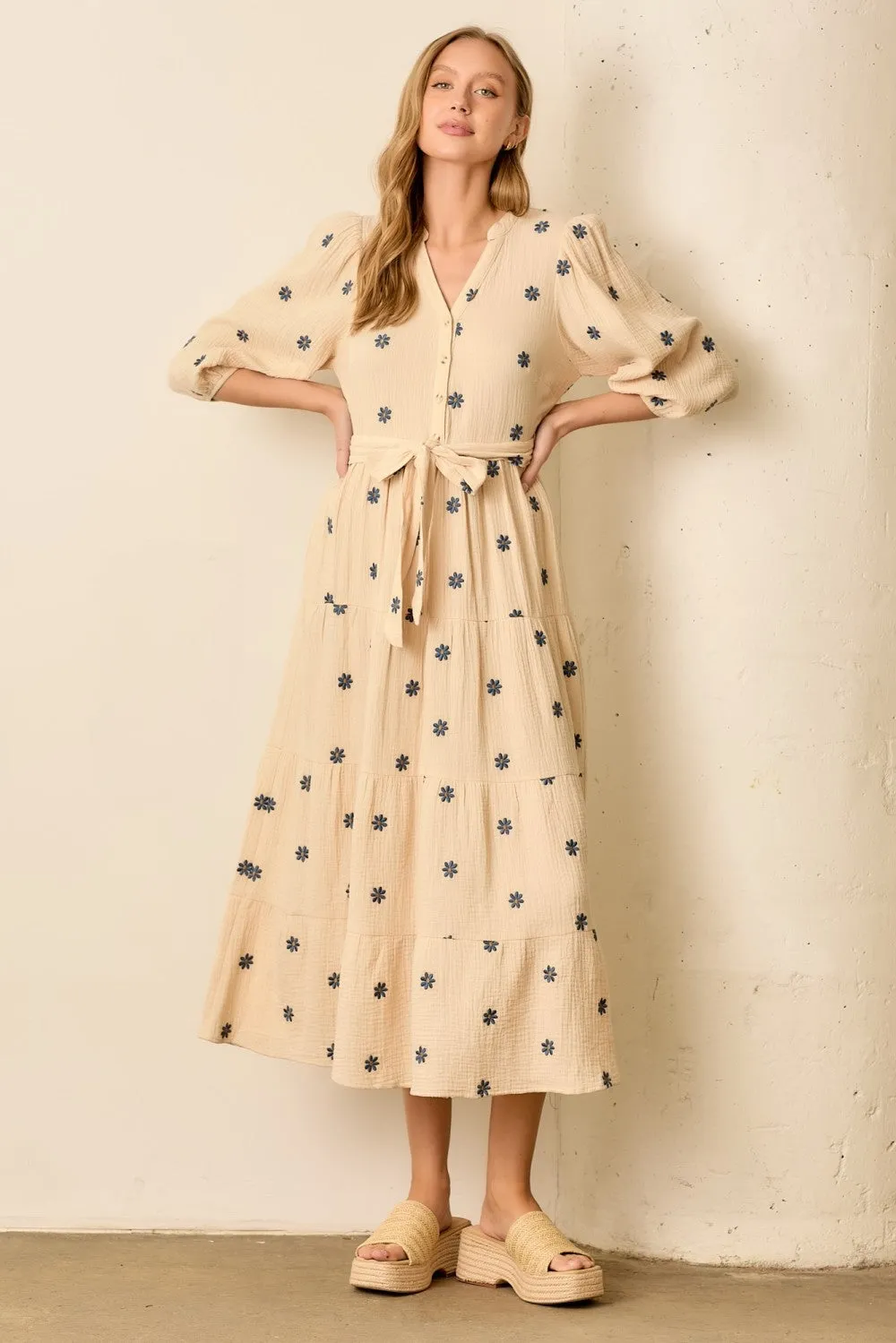 Cream Floral Cotton Gauze Tiered Midi Dress sold by Pinkblush