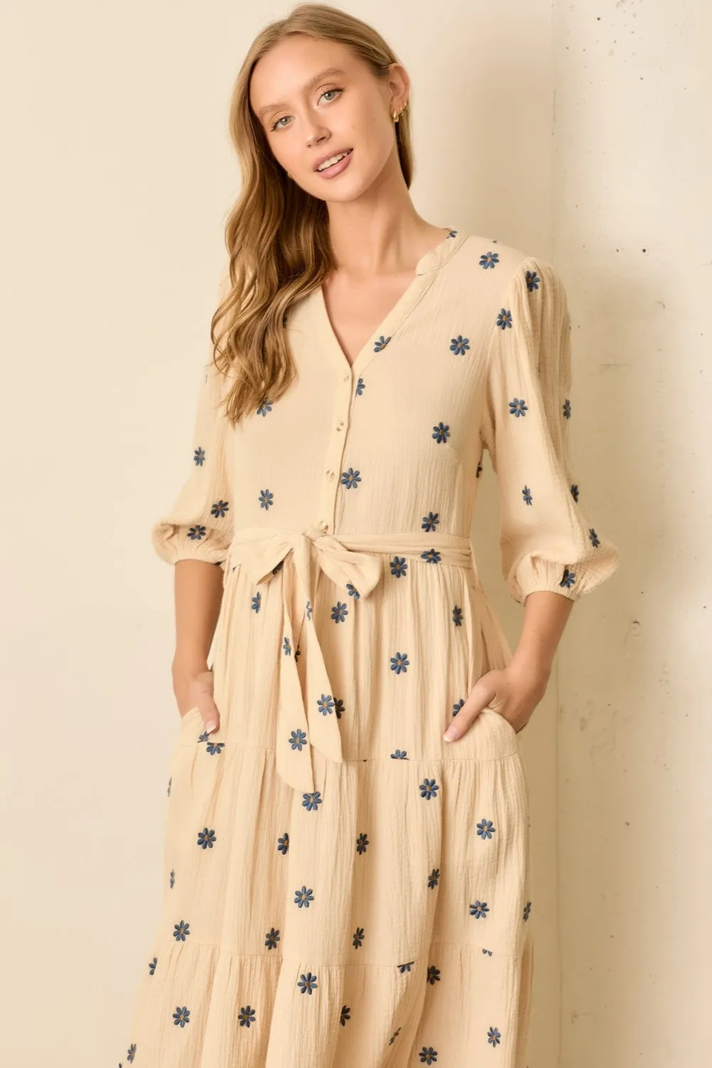 Cream Floral Cotton Gauze Tiered Midi Dress sold by Pinkblush product image thumbnail 4