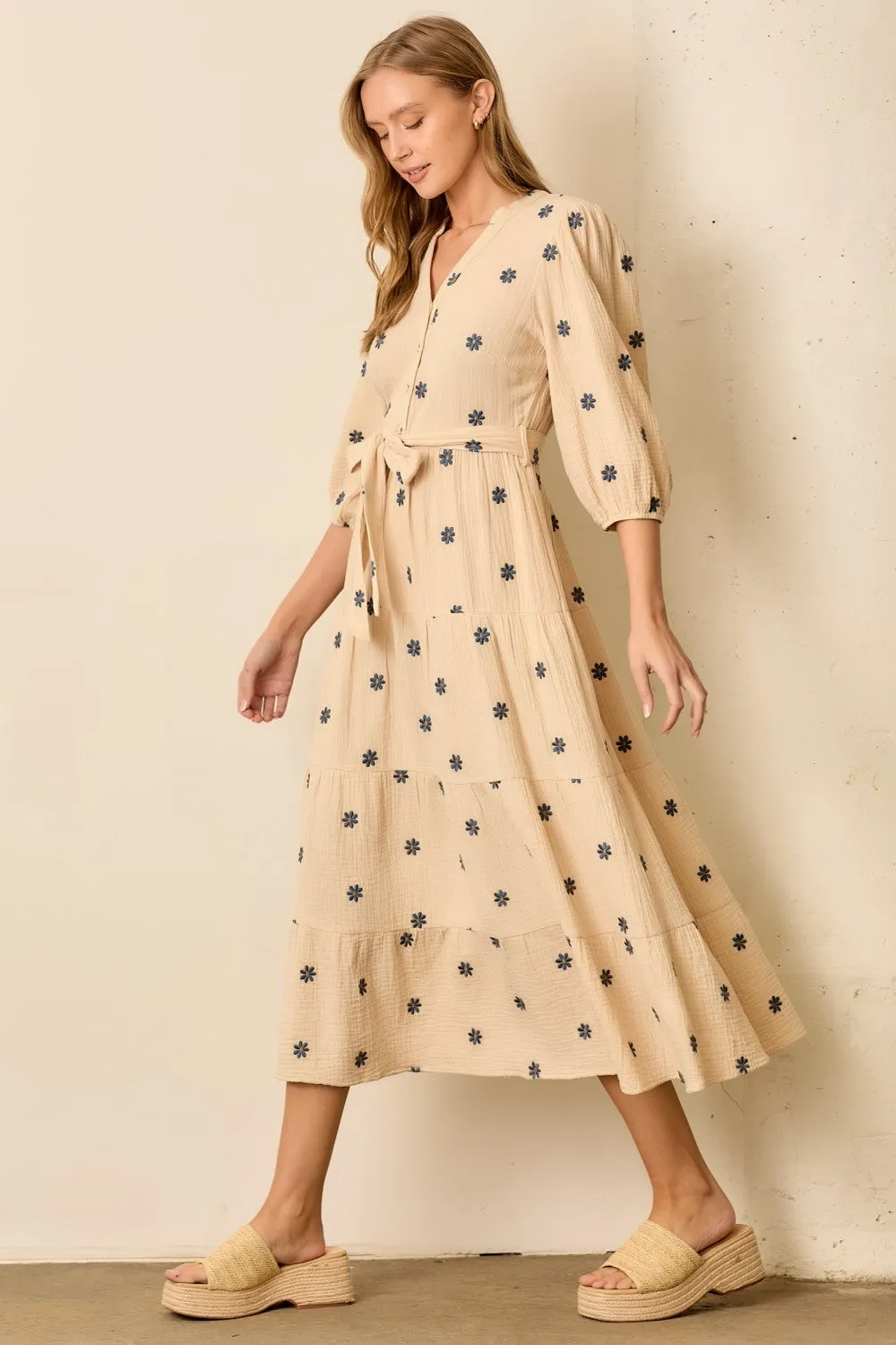 Cream Floral Cotton Gauze Tiered Midi Dress sold by Pinkblush product image thumbnail 2