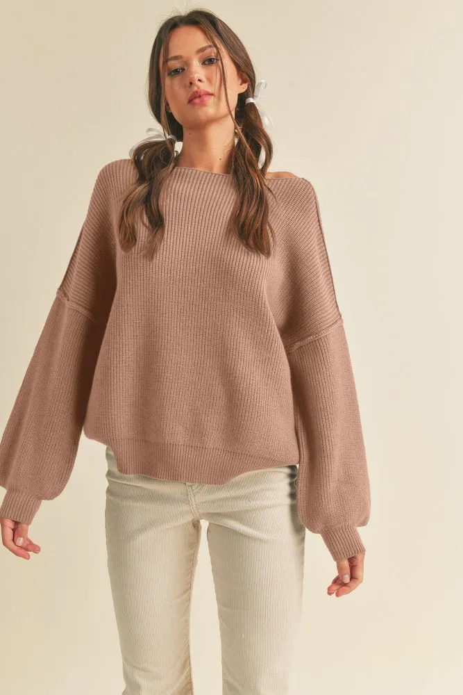 Light Taupe Balloon Sleeve Boat Neck Knit Sweater sold by Pinkblush