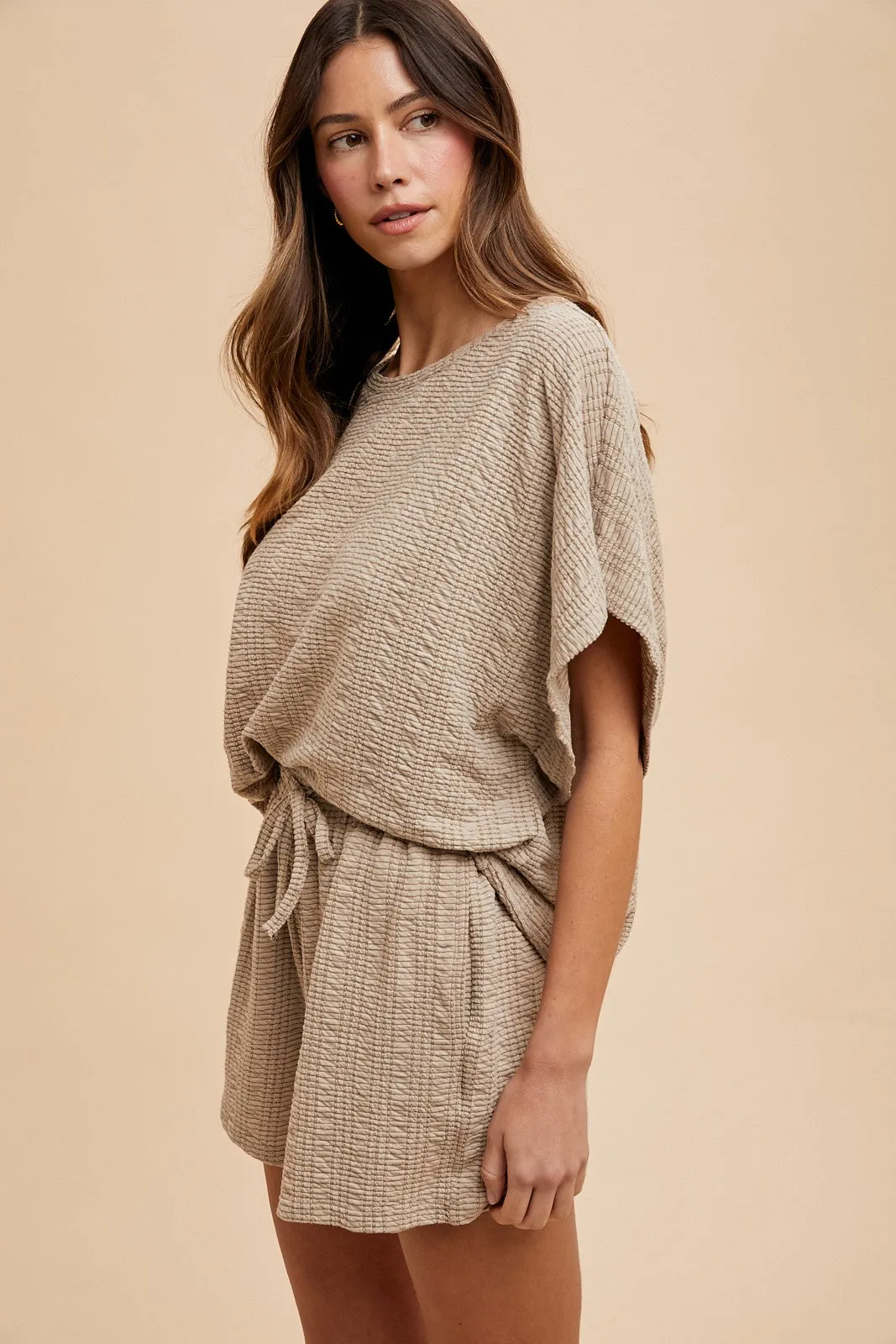 Taupe Textured Knit Dolman Sleeve Top Shorts Set sold by Pinkblush product image thumbnail 3