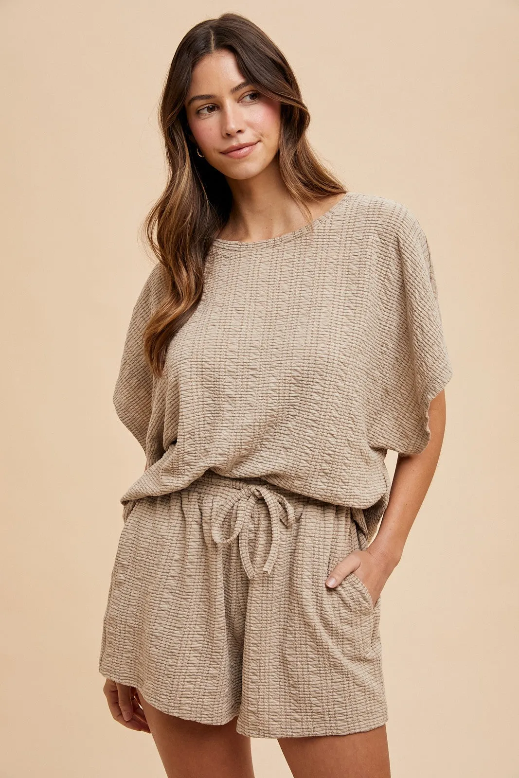 Taupe Textured Knit Dolman Sleeve Top Shorts Set sold by Pinkblush product image thumbnail 2
