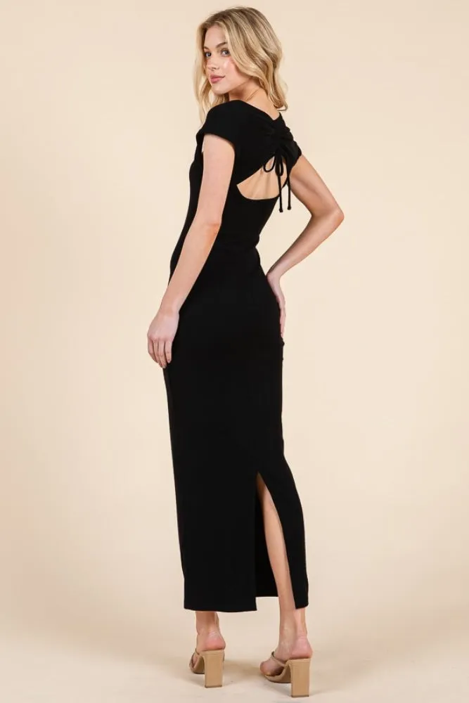 Black Cap Sleeve Ruched Open Back Midi Dress sold by Pinkblush product image thumbnail 4