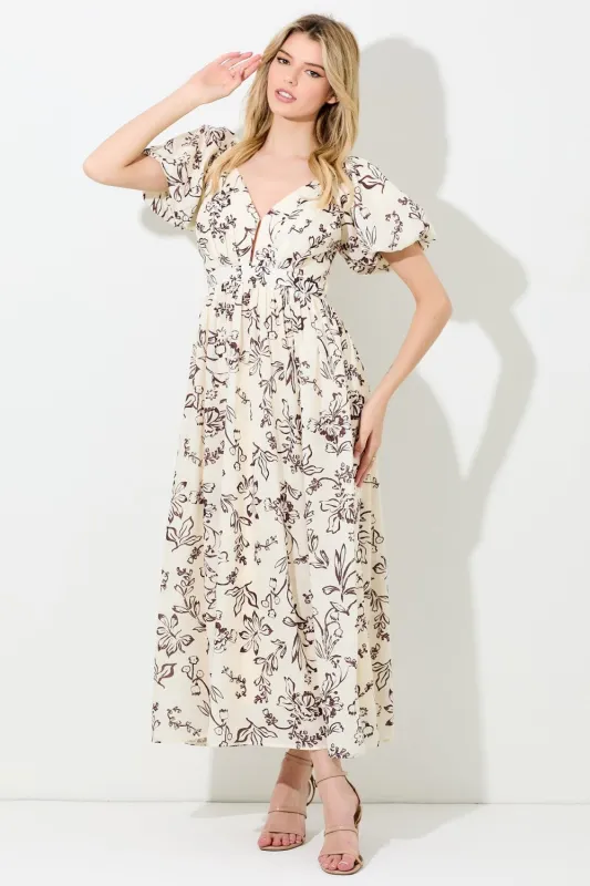 Cream Floral Puff Sleeve Pleated Bodice Maxi Dress sold by Pinkblush