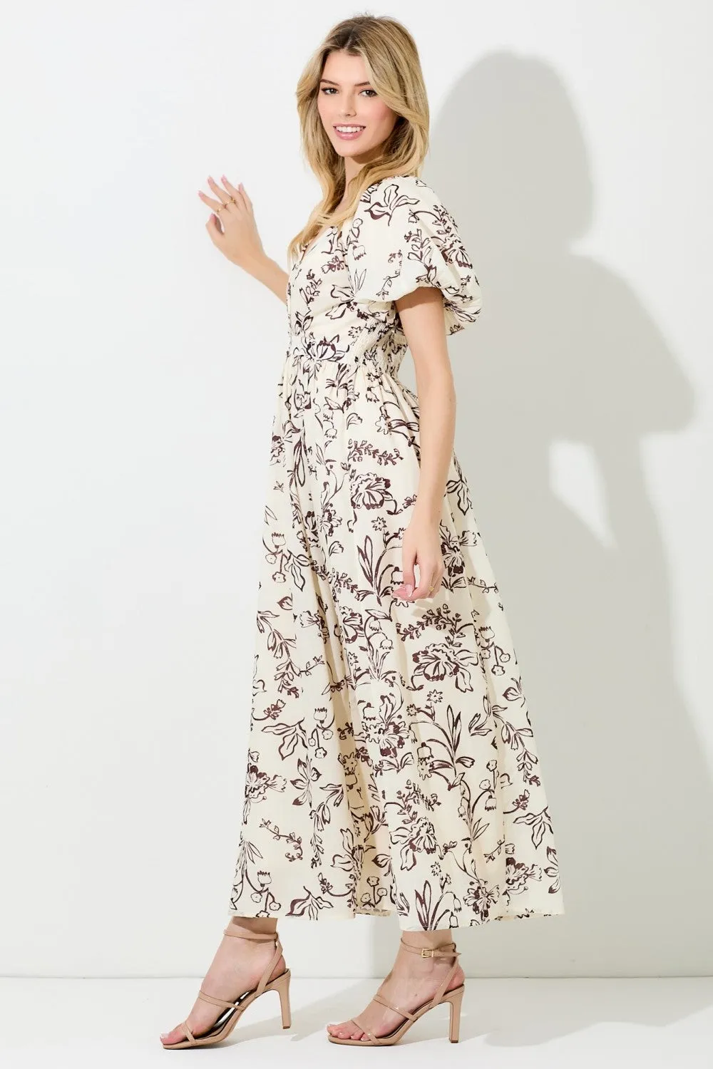 Cream Floral Puff Sleeve Pleated Bodice Maxi Dress sold by Pinkblush product image thumbnail 2