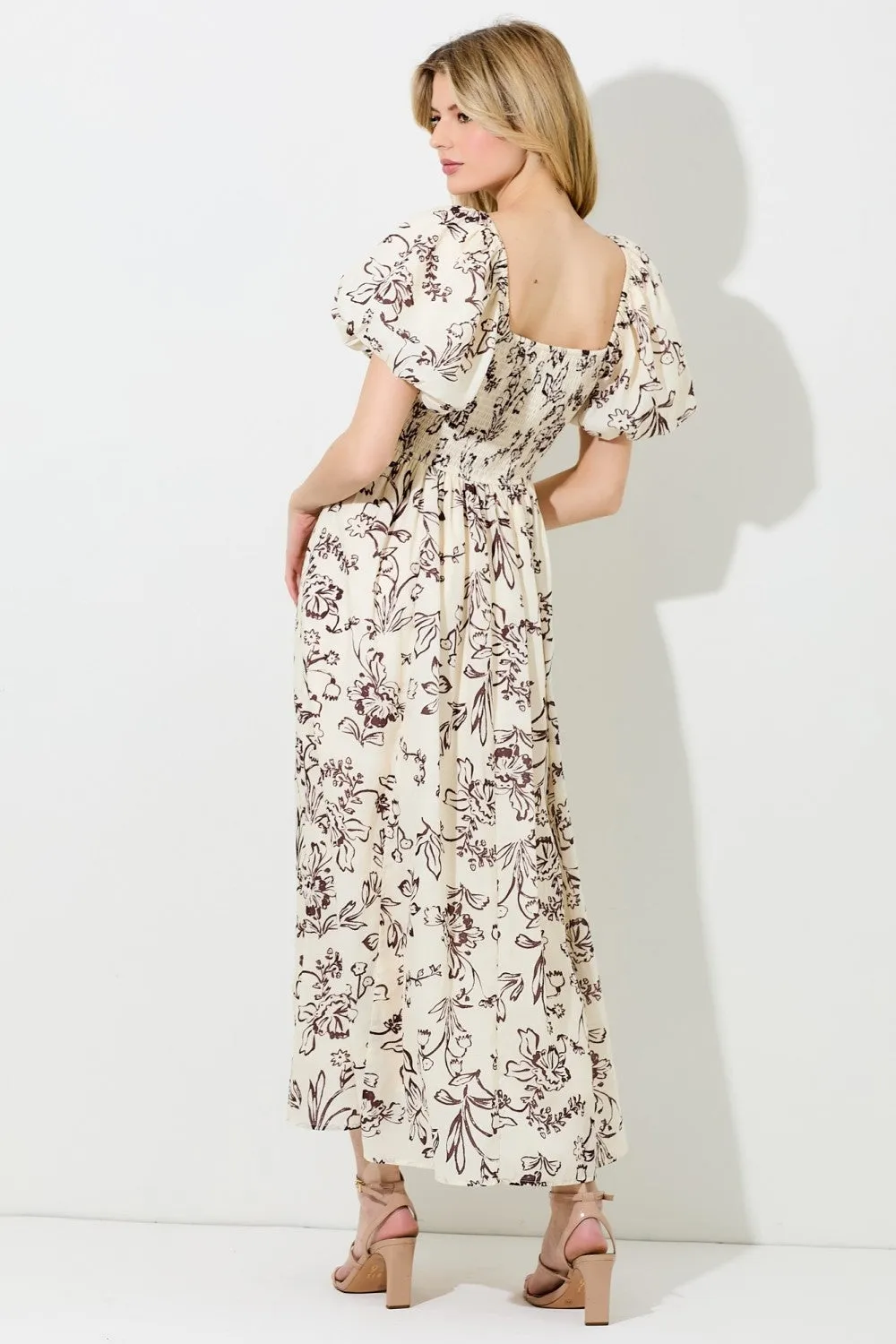 Cream Floral Puff Sleeve Pleated Bodice Maxi Dress sold by Pinkblush product image thumbnail 3