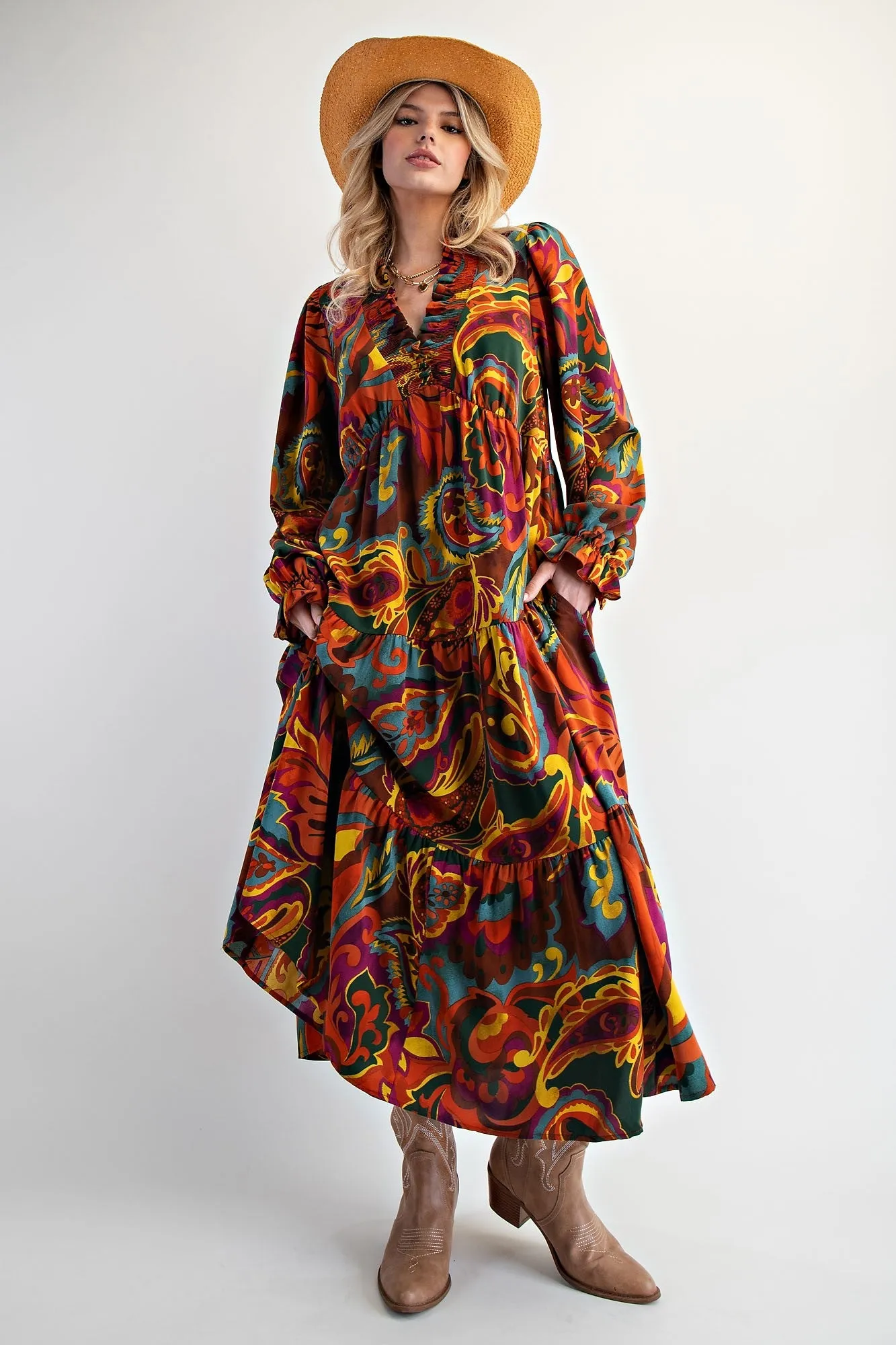 Brown Paisley V-Neck Long Sleeve Tiered Maxi Dress sold by Pinkblush