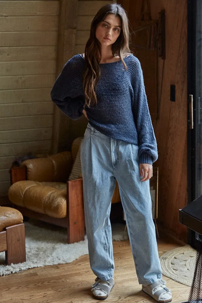 Navy Open Crochet Knit Wide Neck Sweater sold by Pinkblush product image thumbnail 2