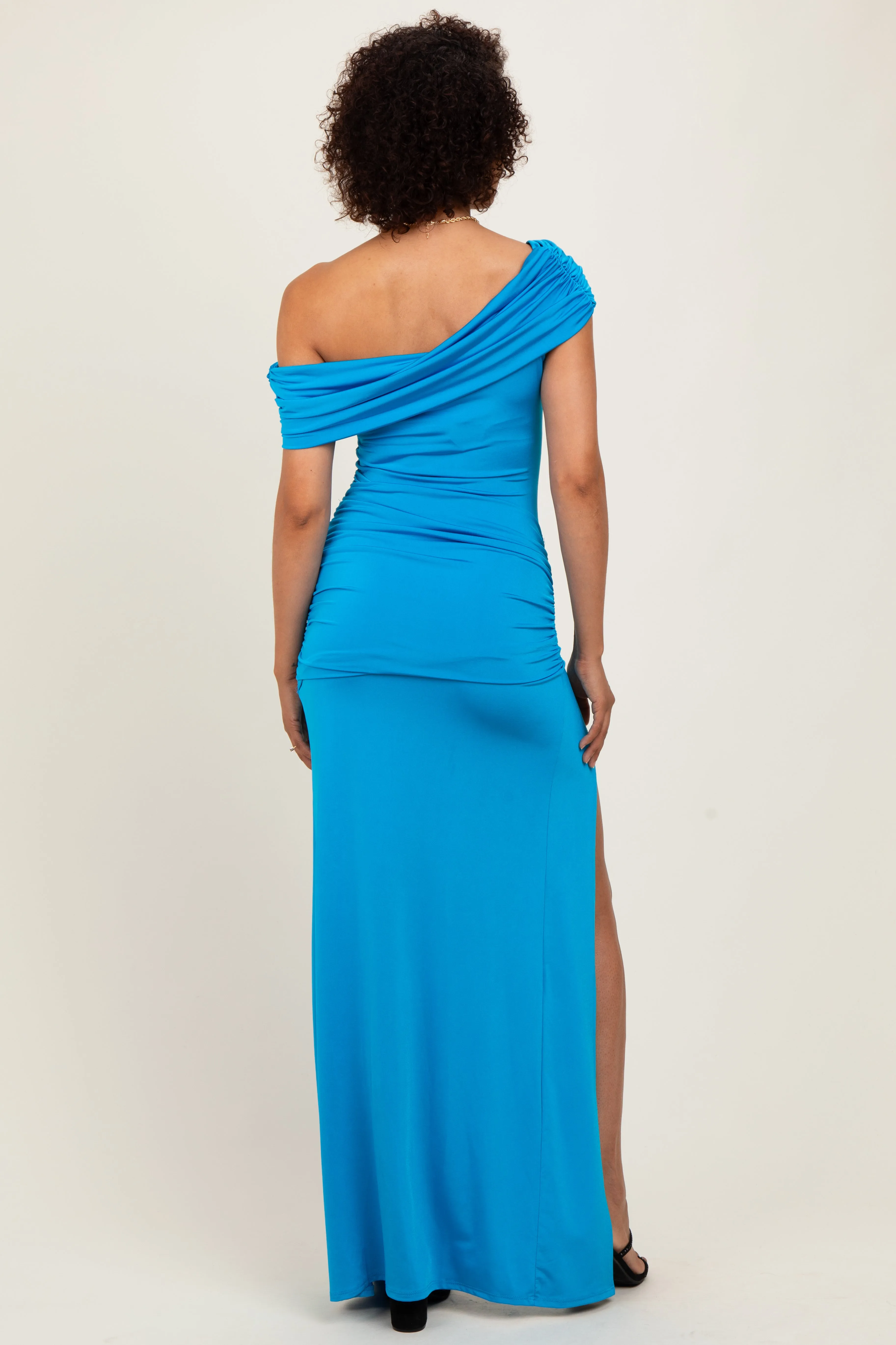 Turquoise Foldover Off Shoulder Ruched High Slit Maxi Dress sold by Pinkblush product image thumbnail 4