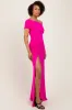 Fuchsia Foldover Off Shoulder Ruched High Slit Maxi Dress sold by Pinkblush
