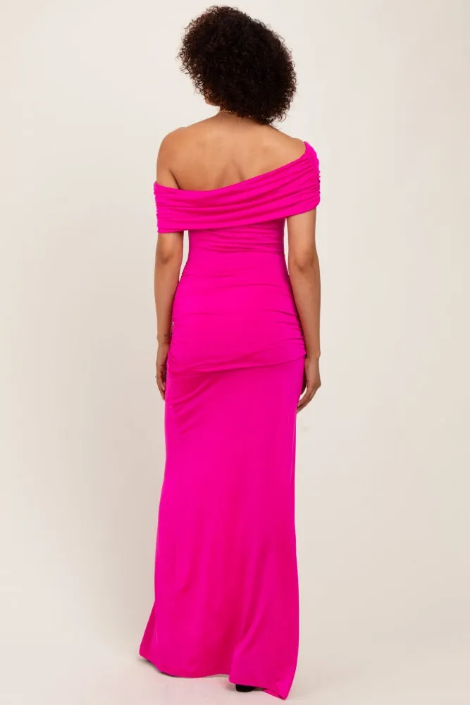 Fuchsia Foldover Off Shoulder Ruched High Slit Maxi Dress sold by Pinkblush product image thumbnail 4