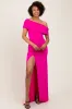Fuchsia Foldover Off Shoulder Ruched High Slit Maxi Dress sold by Pinkblush