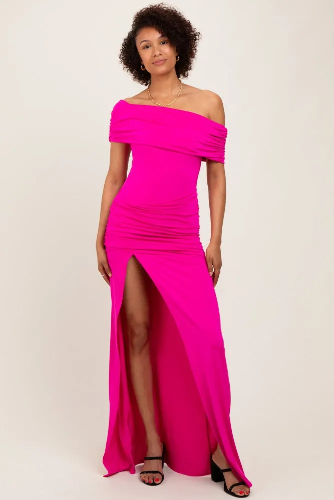 Fuchsia Foldover Off Shoulder Ruched High Slit Maxi Dress sold by Pinkblush product image thumbnail 2