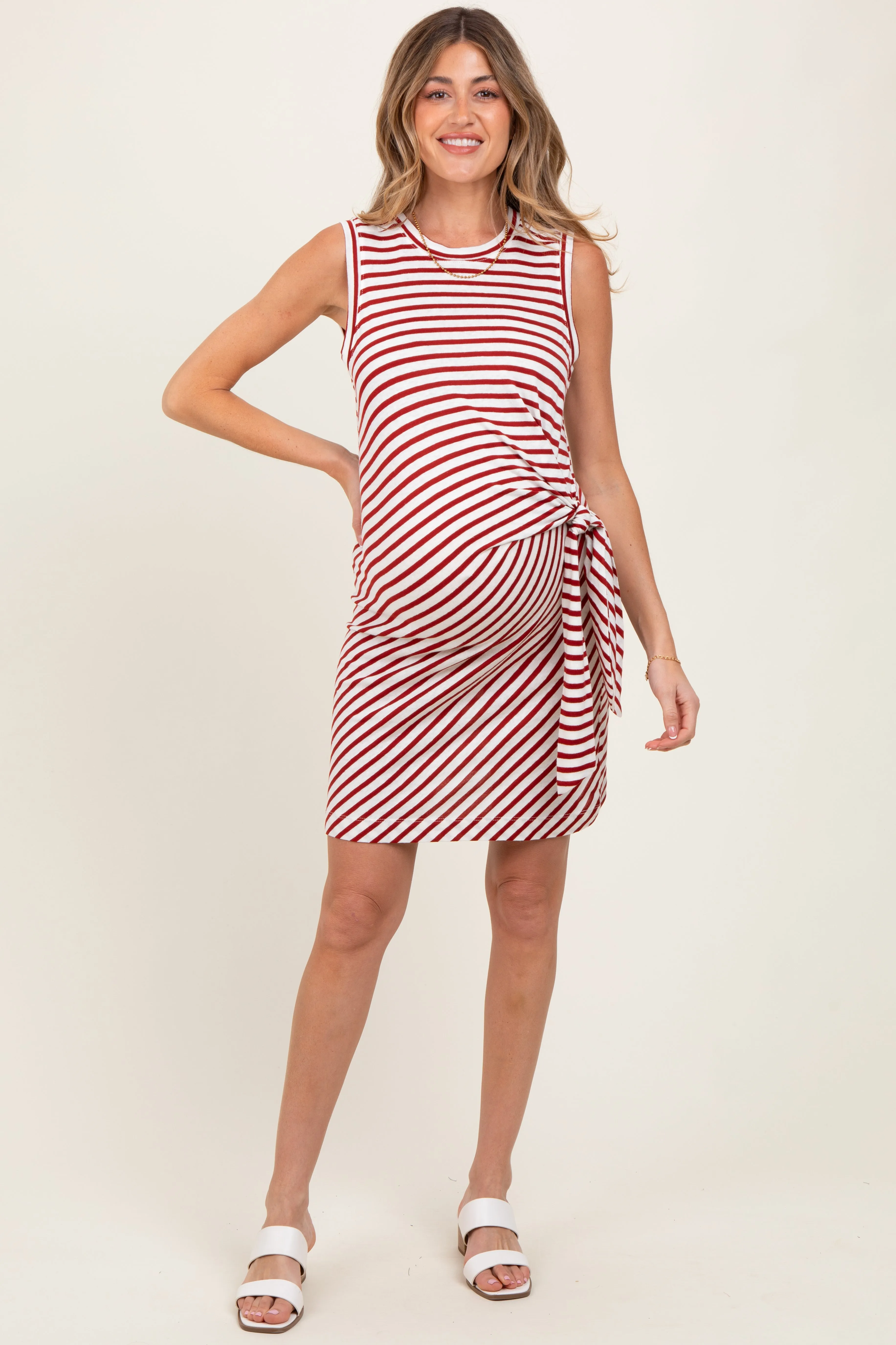Red Striped Sleeveless Side Tie Maternity Mini Dress sold by Pinkblush