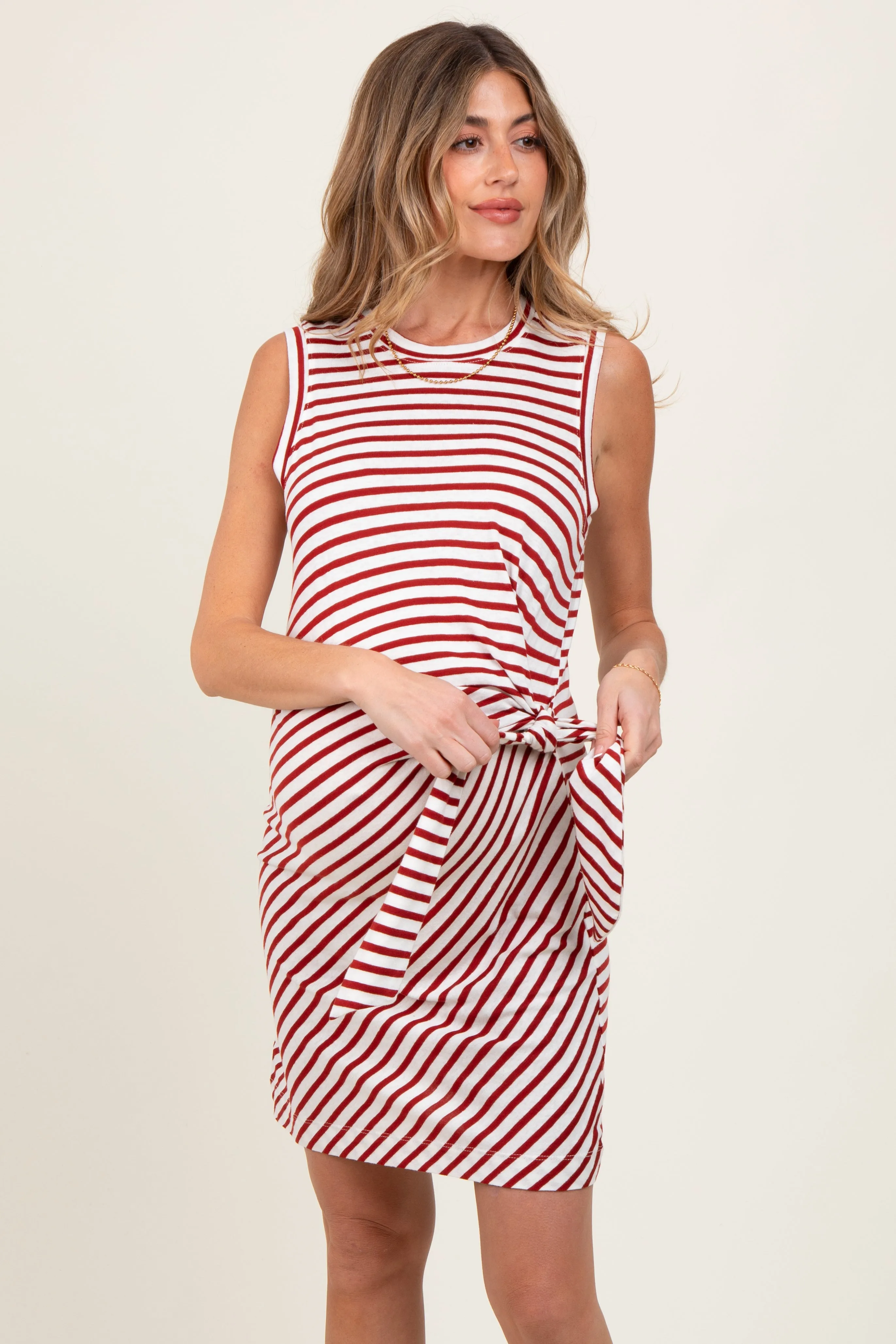 Red Striped Sleeveless Side Tie Maternity Mini Dress sold by Pinkblush product image thumbnail 2