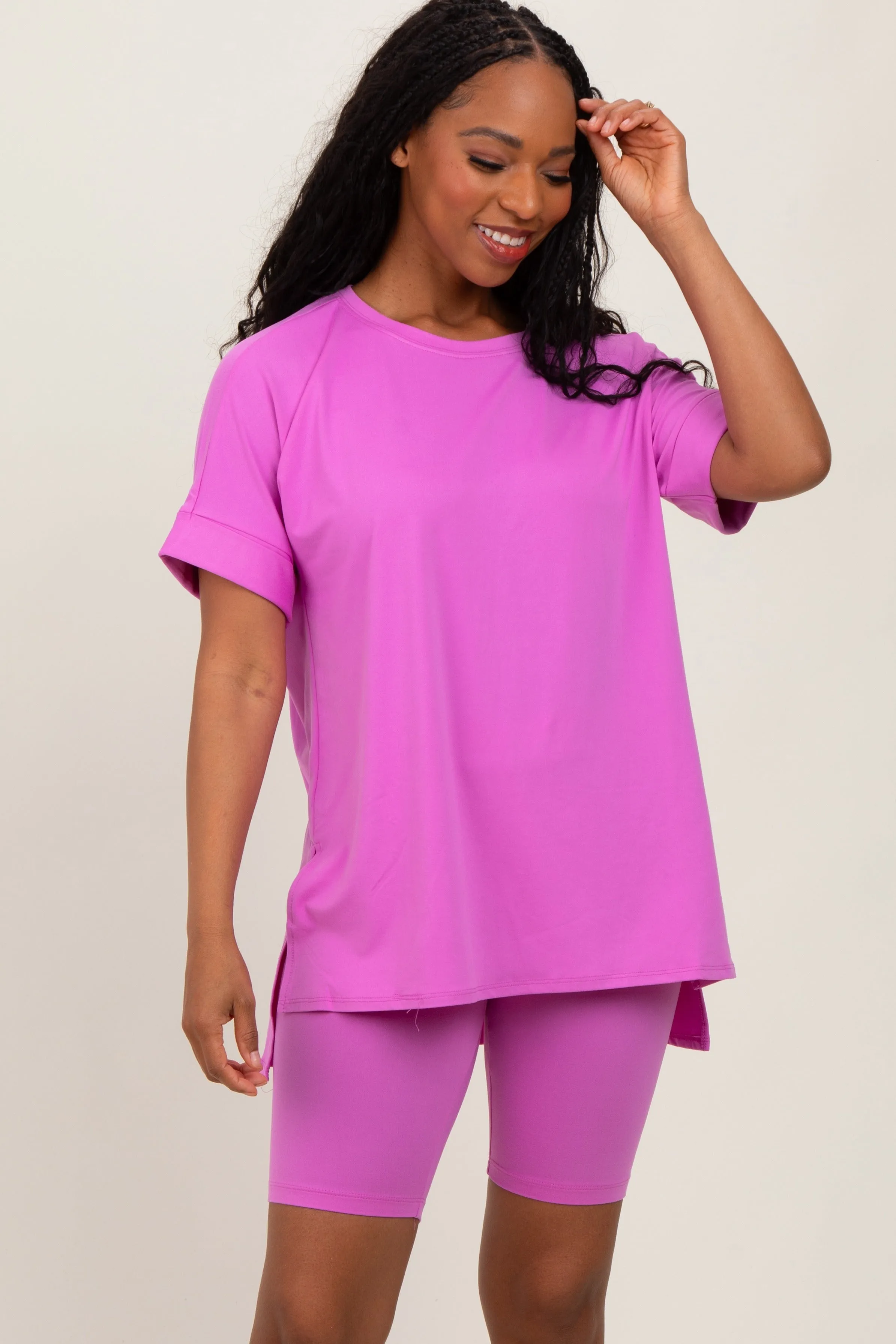 Mauve Hi-Low Short Sleeve Tee Biker Short Set sold by Pinkblush