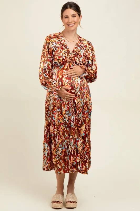Mocha Multi Color Satin V-Neck Long Sleeve Maternity Maxi Dress sold by Pinkblush